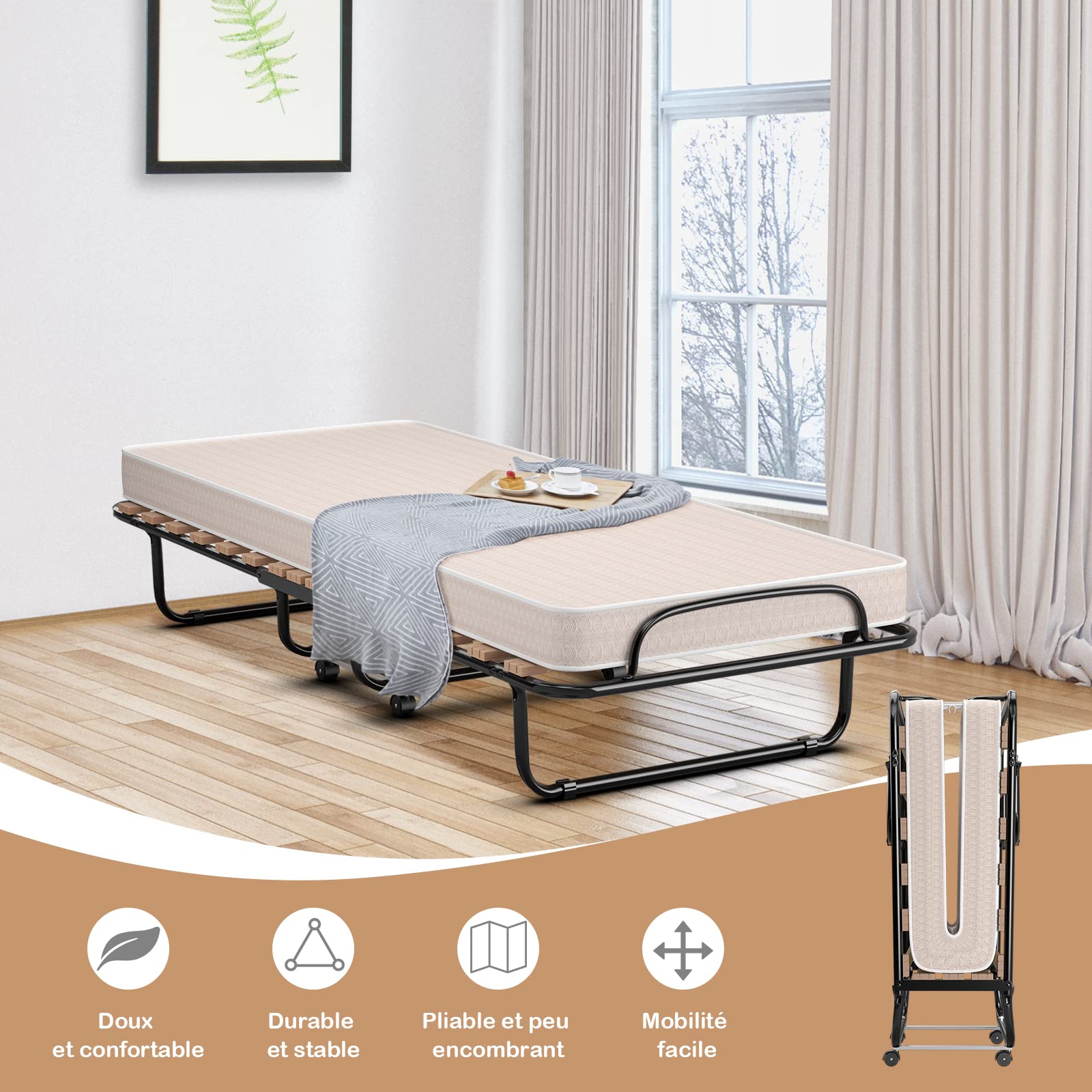GOPLUS Lit Pliant 1 Personne 80x185CM, Lit Pliant Adulte avec Matelas en Mémoire 6,5 cm Orthopédique,Charge 136KG, Lit Pliable 1 Personne pour Invités et Othopédiques(Beige)