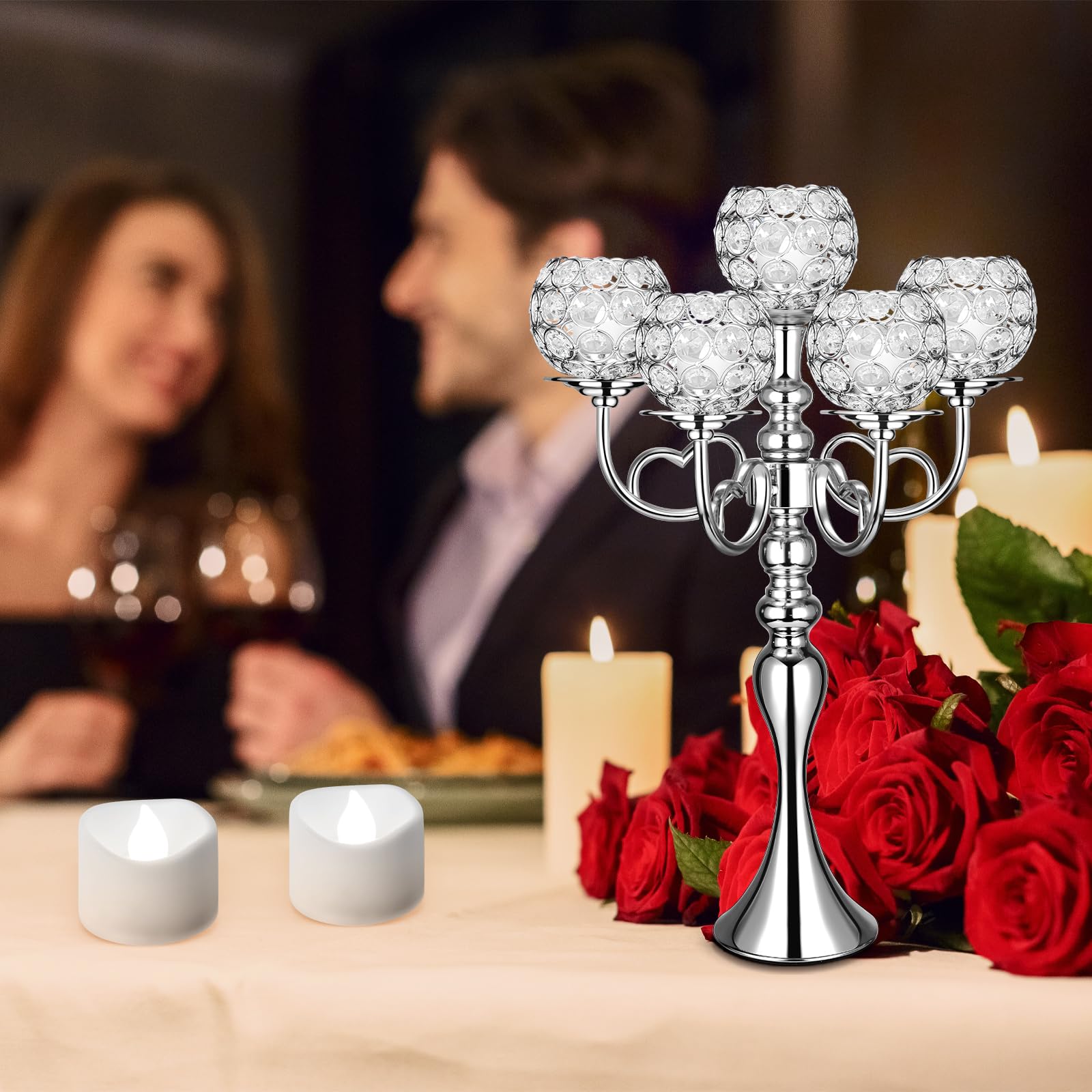 Domensi 2 Pcs 5 Arm Crystal Silver Candelabra Table Centerpieces with 12 LED Light 21.5'' Tall Candle Holder Bowl Candlestick Candles Stand for Wedding Easter Ceremony Dinner Dining Anniversary Party