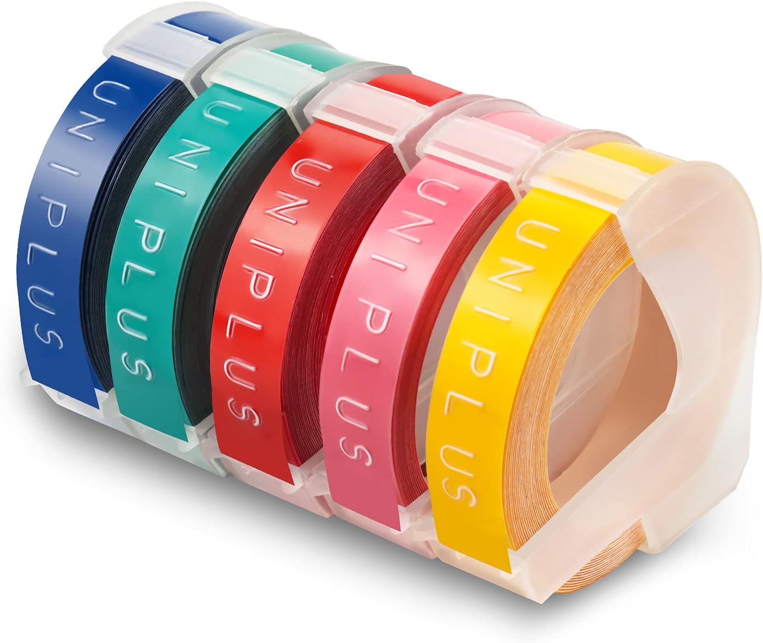 UniPlus Compatible Embossing Tape Replacement for Omega Tape S0717930 Junior S0717900, 9mm Embossing Tape Pink Yellow Red Lake Green Dark Blue, Embossing Label Maker E-101 E-303
