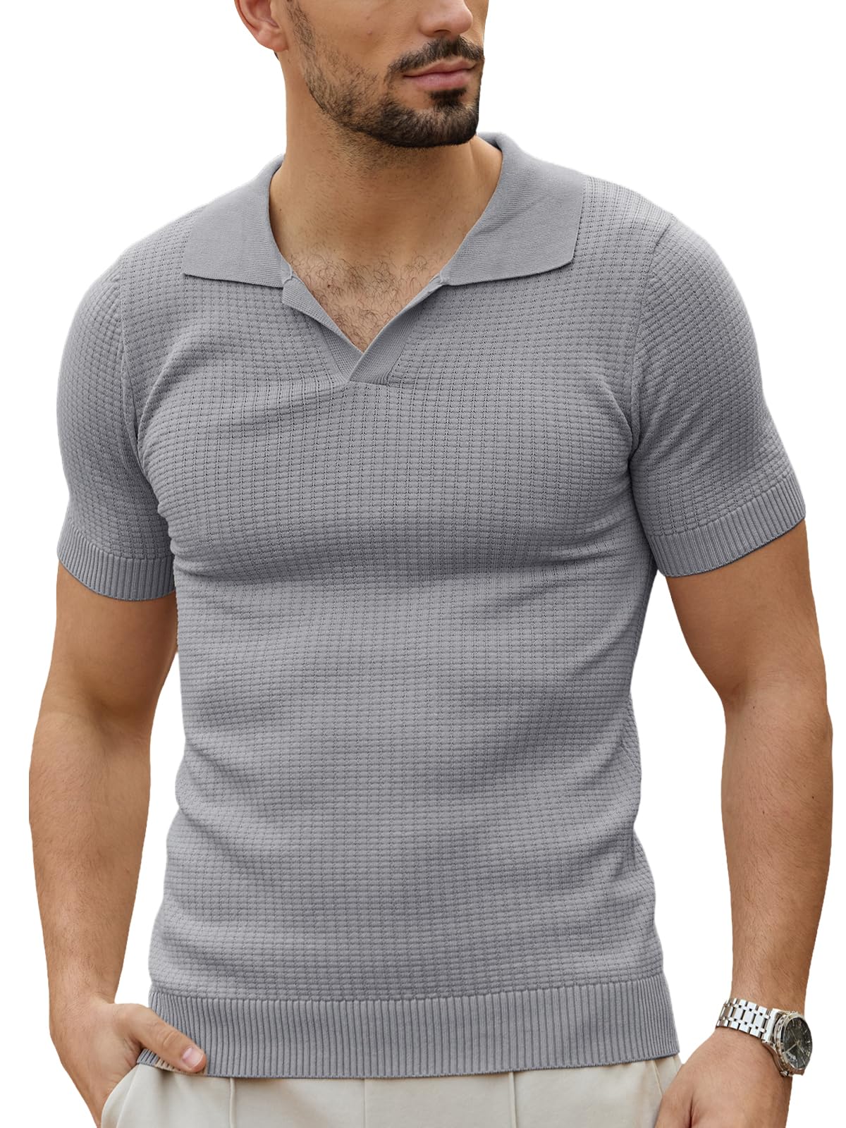 Les umes Polo da uomo a maniche corte maglia scollo a V tè estate casual traspirante polo