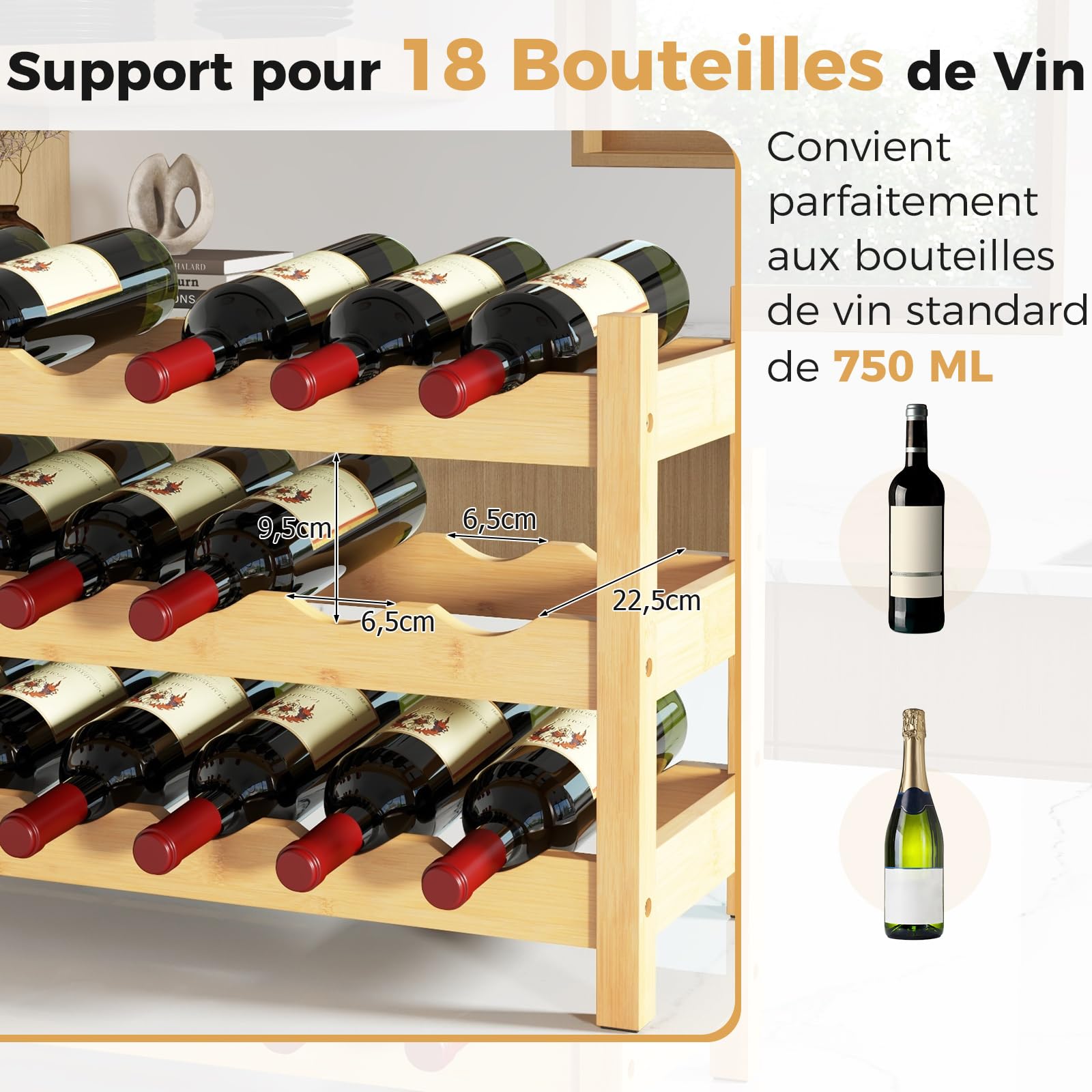 COSTWAY Casier à Vin en Bambou pour 18 Bouteilles à 3 Niveaux, Casier à Bouteilles, Étagère à Vin, Range Bouteille sur Pied, pour Cuisine, Garde-Manger, Pub, Cave à Vin, Naturel