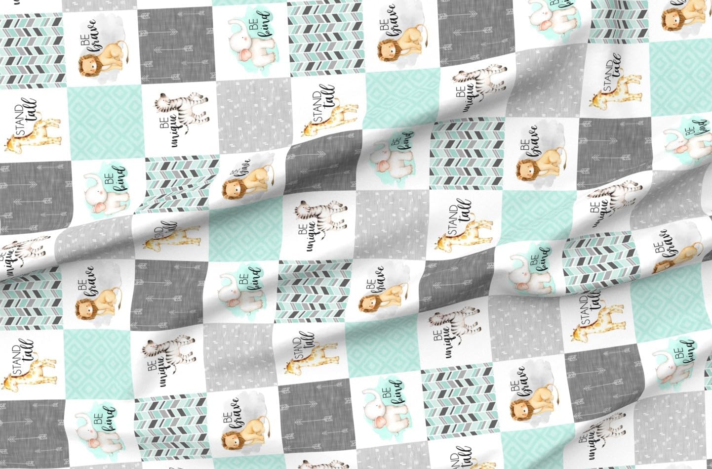 Spoonflower Fabric - Teal Safari Cheater Quilt Whole Cloth Kids Patchwork Animals Zoo Printed on Organic Cotton Sateen Fabric by The Yard - Sewing Quilting Apparel Home Decor