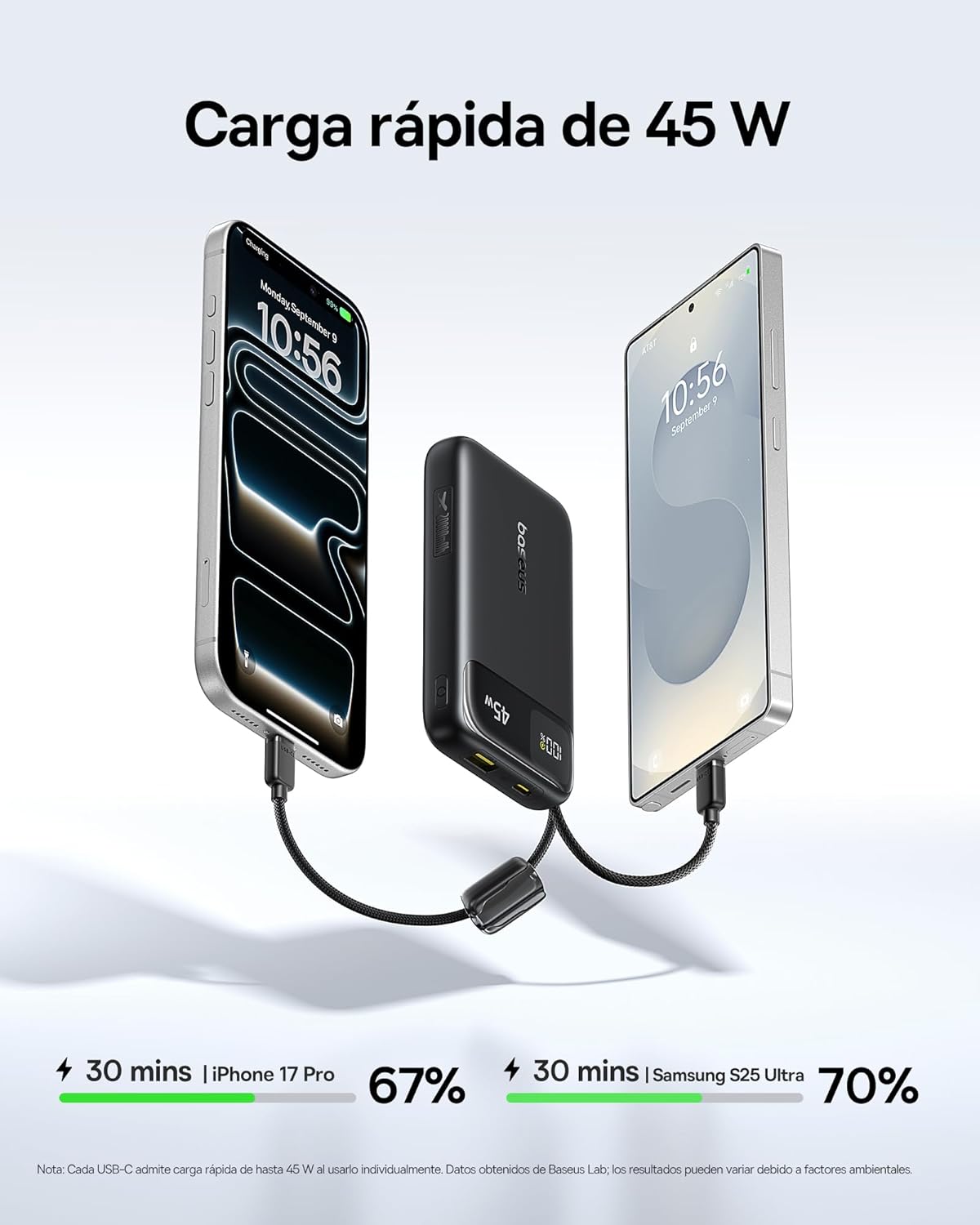Baseus FC11 Powerbank 45W 20000mAh con 2 Cables USB-C Integrados, Batería Externa Carga Rápida con Certificación CCC, Mini Power Bank para iPhone 17/16/15/14 Pro MAX, iPad, Samsung, Negro 3
