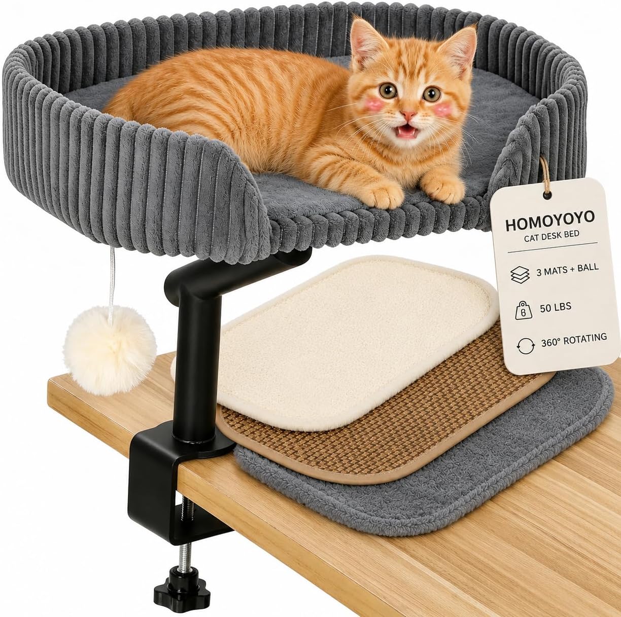 Cat Desk Bed, 360° Rotating Clamp-On Desk Cat Bed Perch with 3 Mats, Gray