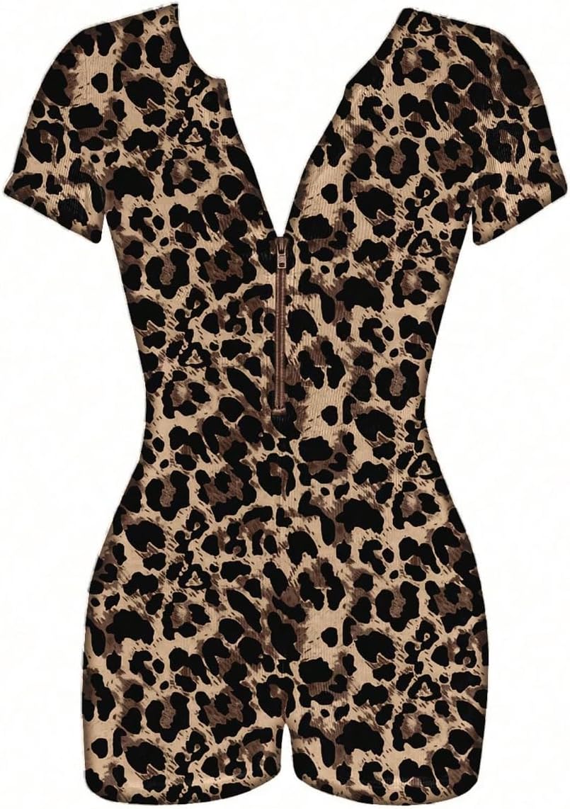 SHENHE Women's Cheetah Print Short Sleeve Unitard Romper Ribbed Knit Zip Up Short Jumpsuit