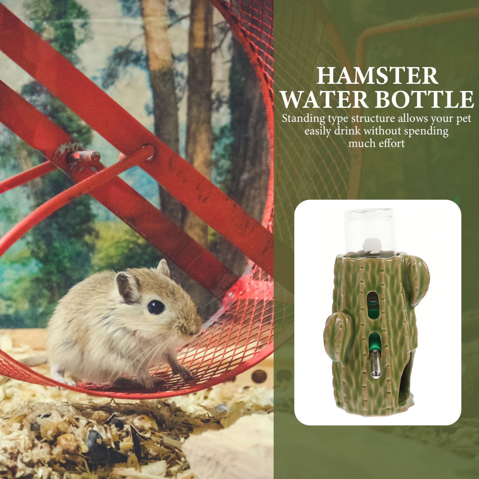 ABOOFAN Keramik Hamster Wasserflasche 80ml mit Grünem Cactus Design und Verstellbarem Ständer Vertikale Chinchilla Tränke für Kleintiere und Meerschweinchen