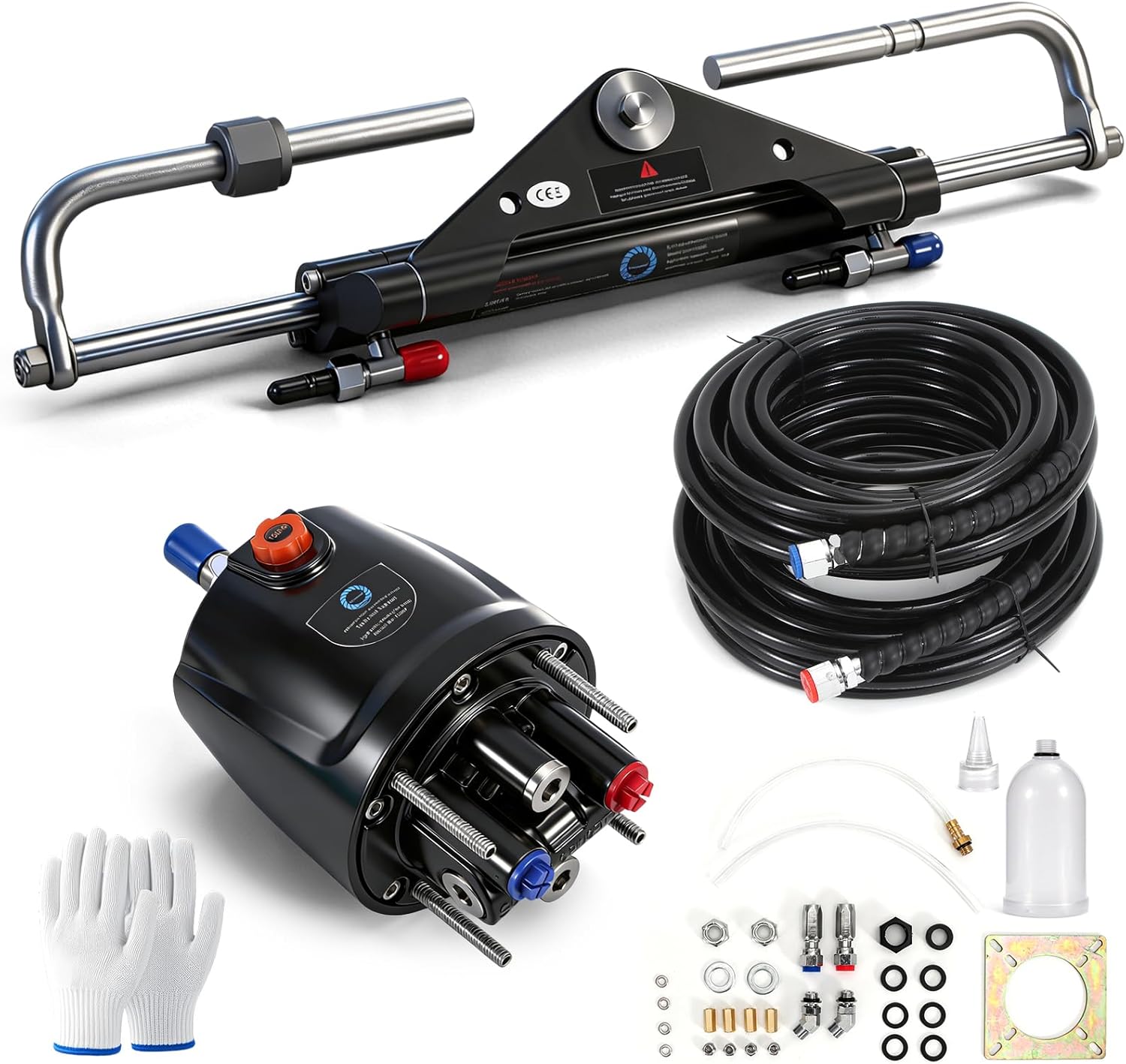 150HP Outboard Hydraulic Steering Kit, Hydraulic steering system consists of Hydraulic Pump, Hydraulic Cylinder, two 26FT Nylon hoses and installation accessories,Outboard Motors