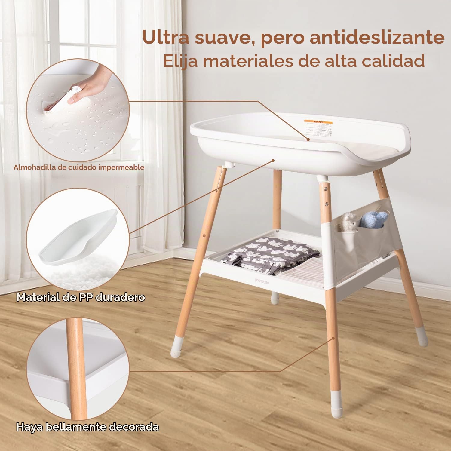 beberoad Cambiador de Pañales,en Madera Natural, Colchoneta del Cambiador en blanco, Altura Regulable, 90x75x65cm, Blanco