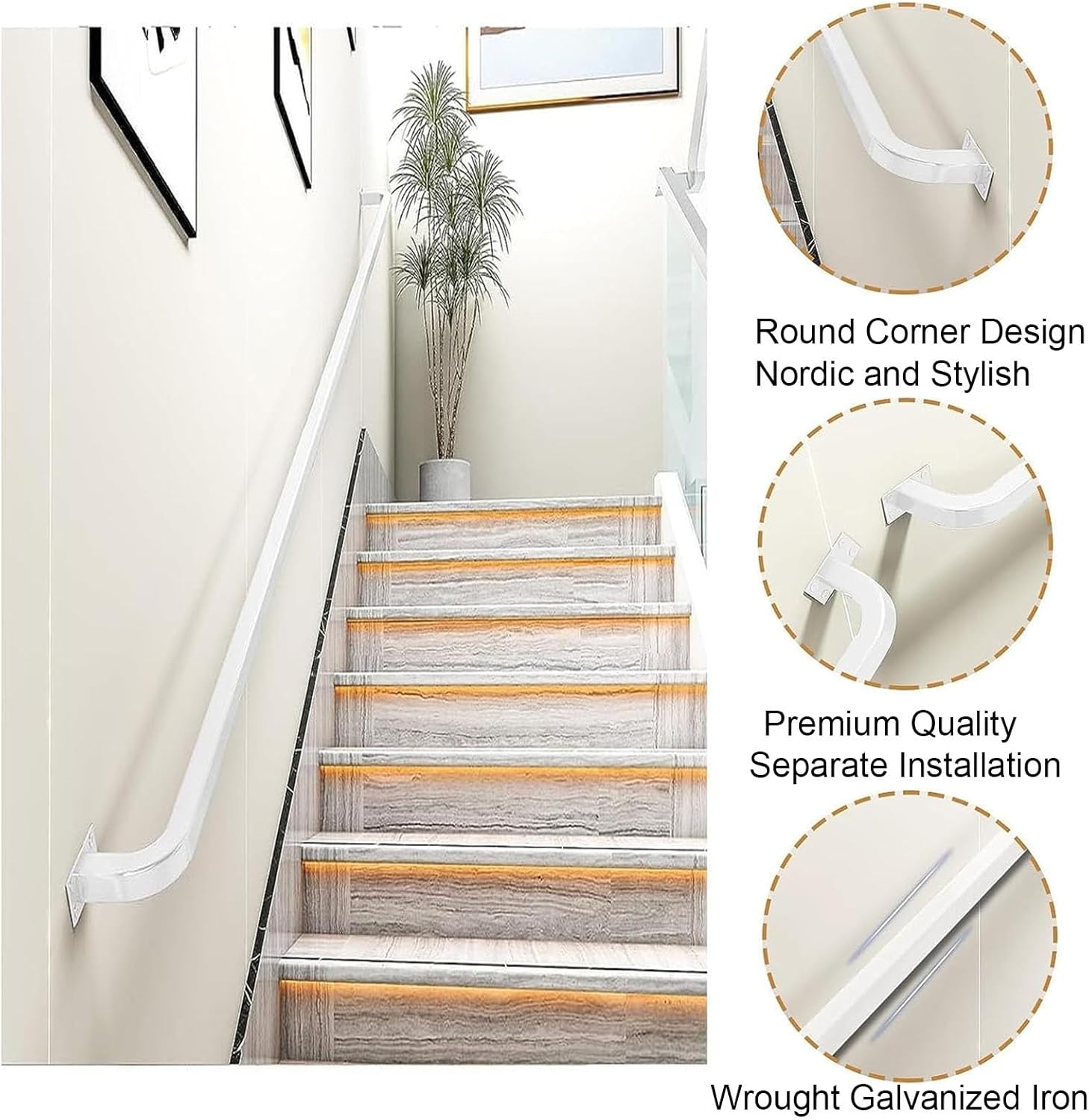 Outdoor Stairs Handrail Wall Mount Balustrade, Industrial Galvanized Wrought Iron Staircase Handrails Grab Rail Complete Kit - White Square Pipe Design (Size: 1ft/30cm)