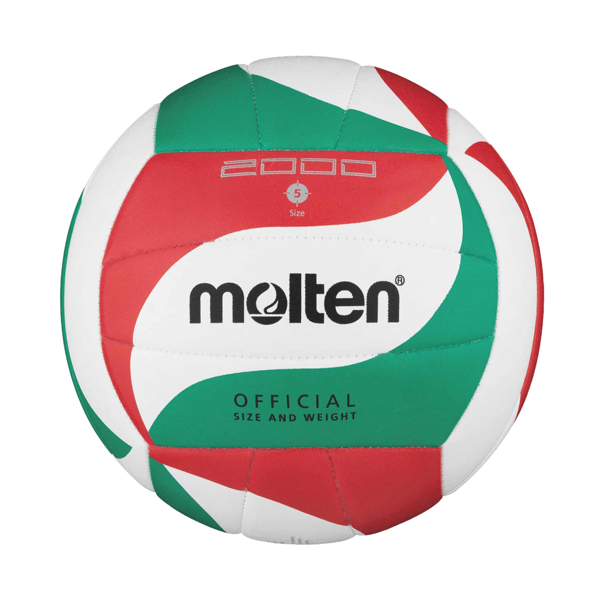 Molten V5M2000 Volleyball, Pro Trainingsball, weiches Synthetik-Leder, maschinengenäht, weiß/grün/rot, Größe 5, Paketeinheit 24