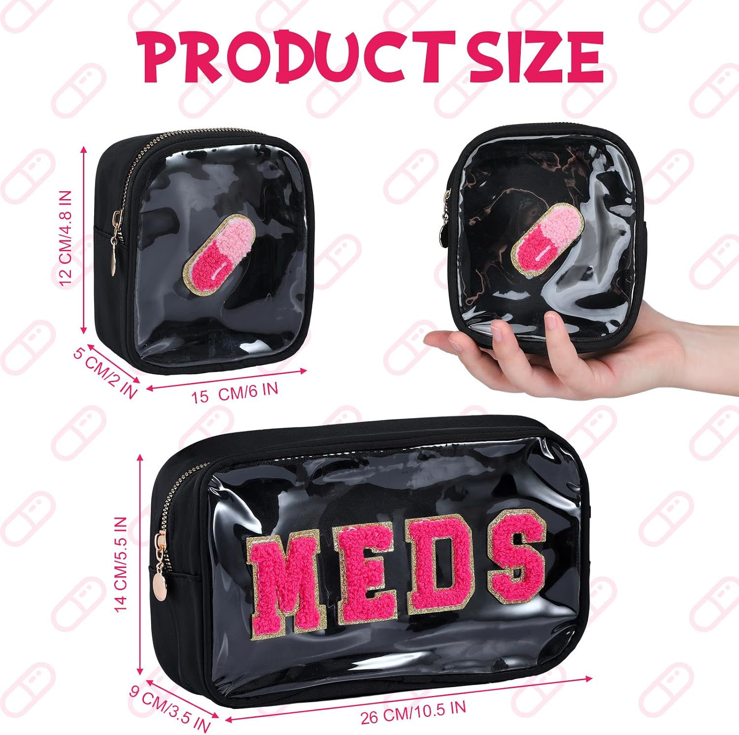 Hillban 2 Pcs Medicine Bag Chenille Letter Patch Meds Bags Travel Cases Preppy Clear Nylon Portable Makeup Bags Zipper Cosmetic Toiletry Storage for Women PVC Transparent Mini First Aid Bag(Basic)