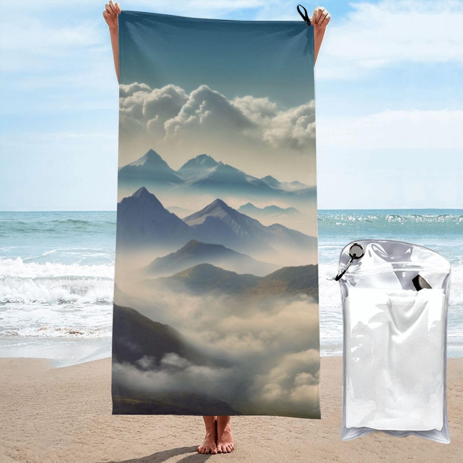BWWHCCTI Landscape with Mountains and Clouds Printed Microfiber Quick Dry Beach Towel 80x160 CM, Fast Drying Bath Towels with Bags for Travel,Camping,Gym,Beach,Swimming,Yoga