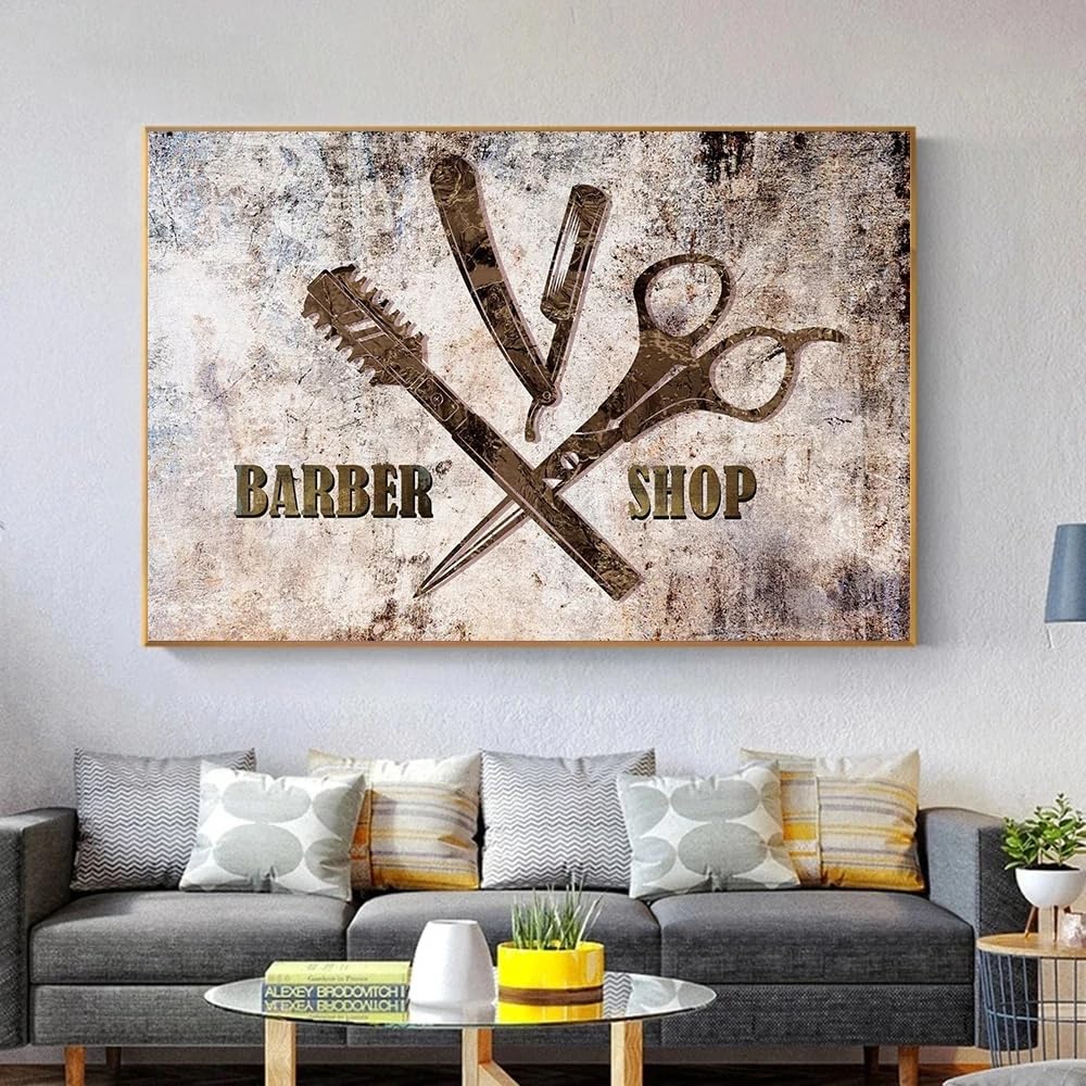 BMGKYAGL Modern Barber Shop Sign Print Scissor Comb Poster Canvas Painting Hairdressers Shop Wall Pictures Home Room Decor(40x60cm/Internal Frame)