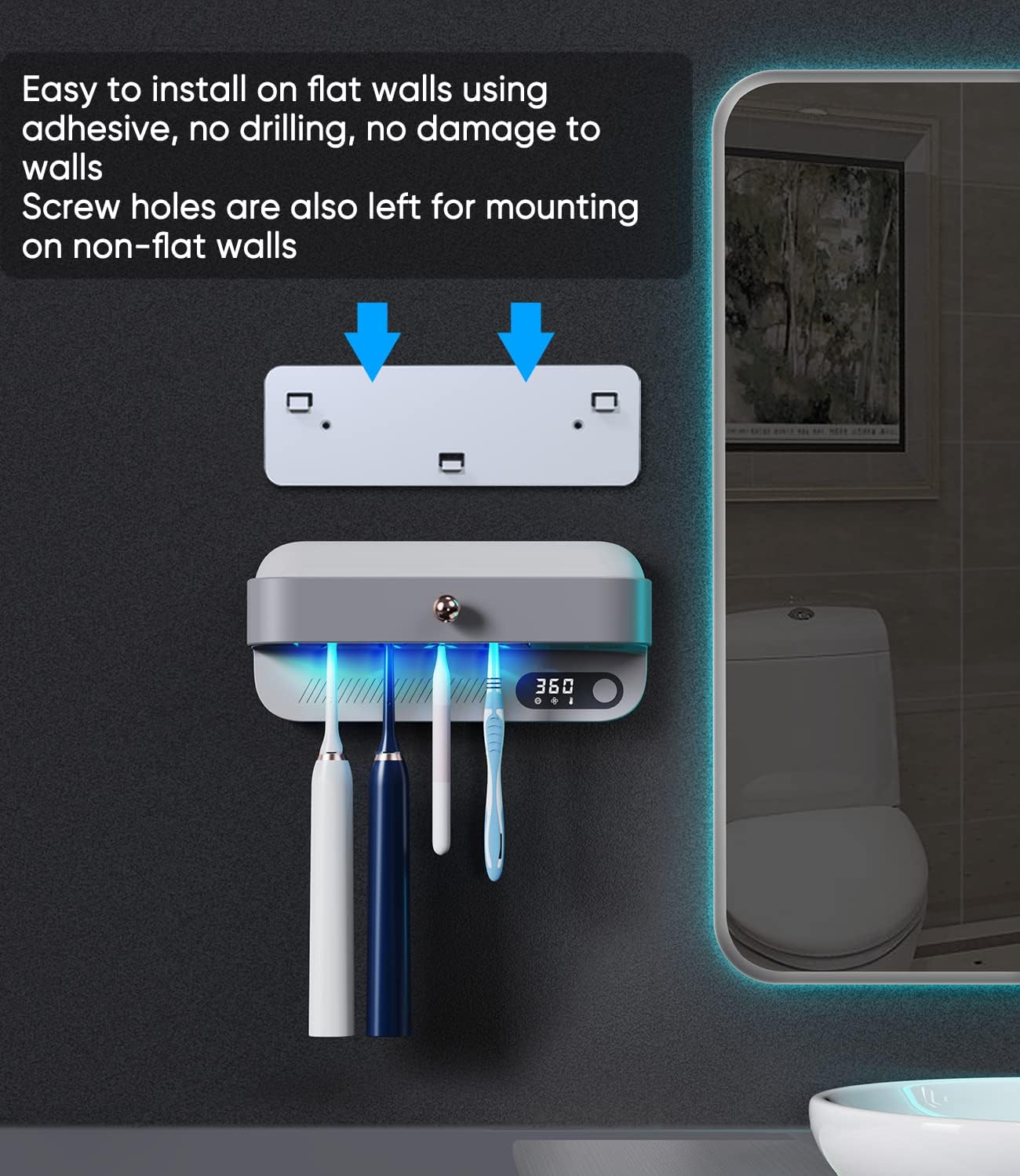 StarWin UV Toothbrush Dryer Holder, Heating Plate and Fan Drying Function, Rechargeable and Timing Tooth Brush Holder Wall-Mounted for Bathroom, No Drilling, 4 Slots - Image 7