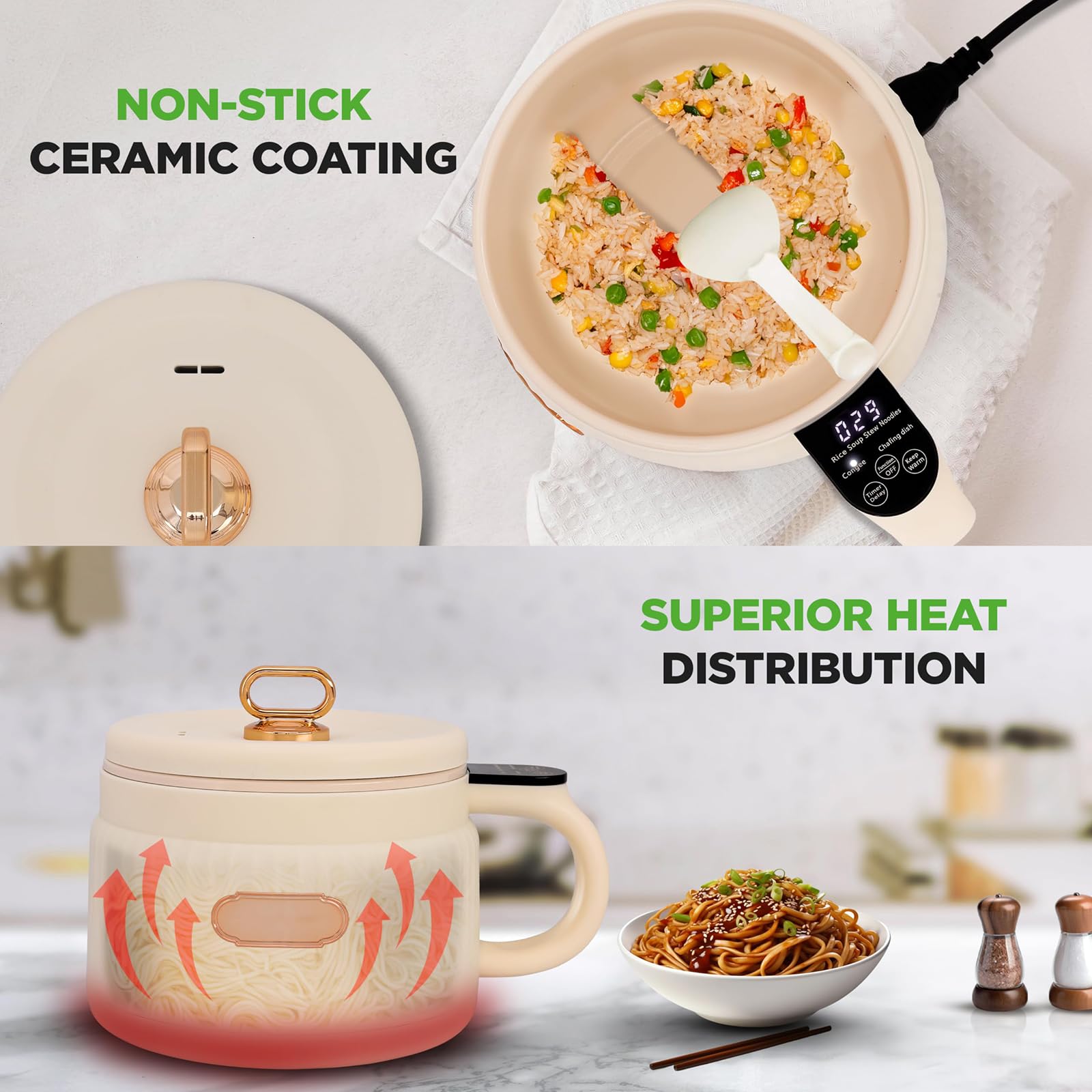 FfiMe Petit cuiseur à Riz, cuiseur à Riz Portable, Pot électrique 1,8 L, Six Modes, Pot antiadhésif, cuiseur à Nouilles pour dortoir de Voyage 1-2 Personnes