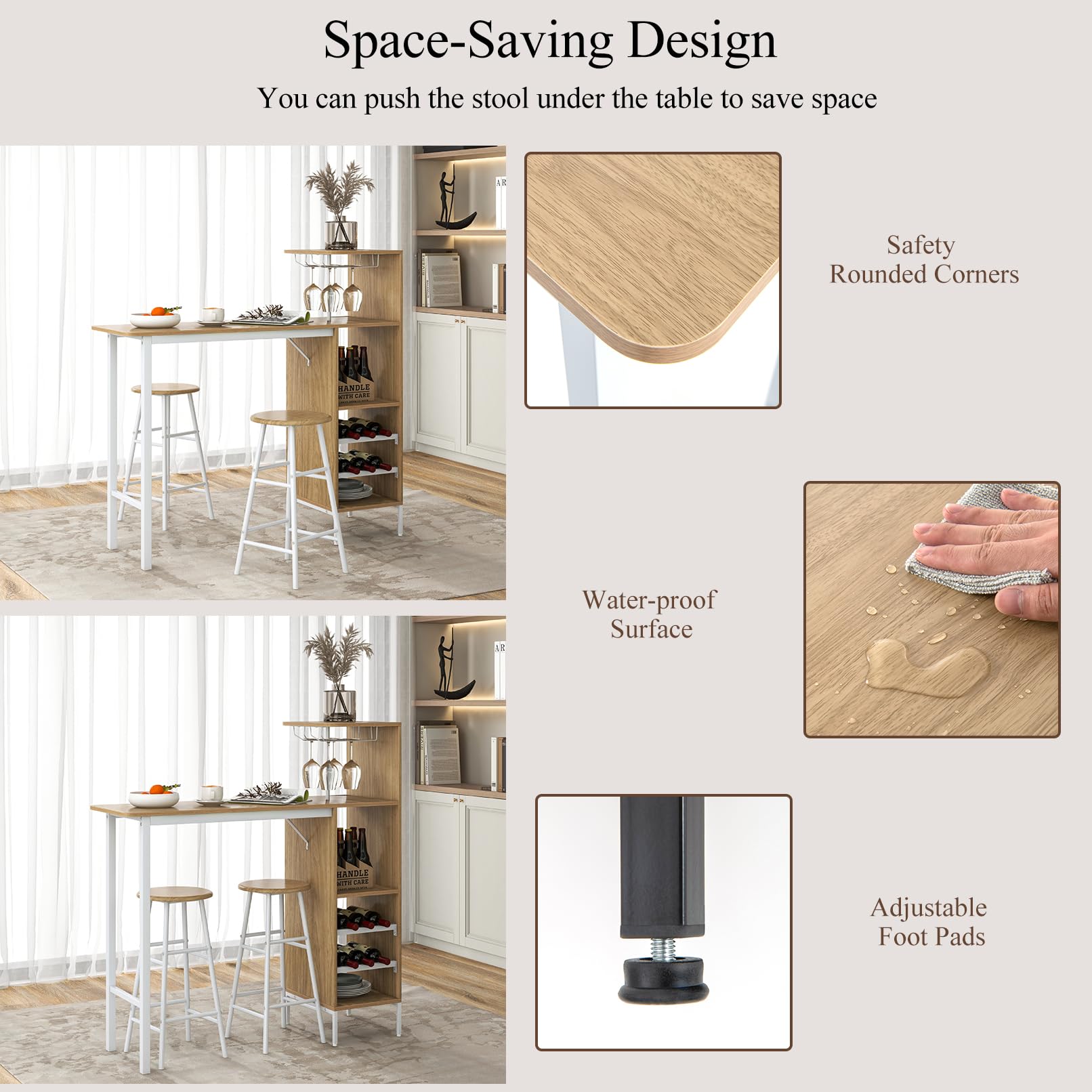 HOMASIS Set di tavolo da bar con 2 sgabelli da bar, tavolo da pranzo con supporti per calici da vino e ripiani per 6 bottiglie di vino, tavolo da bistro industriale per cucina, 120 x 40 x 121,5 cm