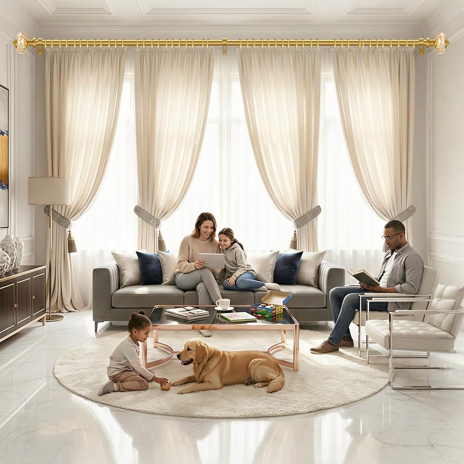 TVWOO Gold Curtain Rods for Windows:1Inch Adjustable Heavy Duty Curtain Rod 66-120",Modern Crystal Decorative Drapery Rods for Bedroom/Living Room, Brass Gold Luxury Single Rod with Bling Foil Finials