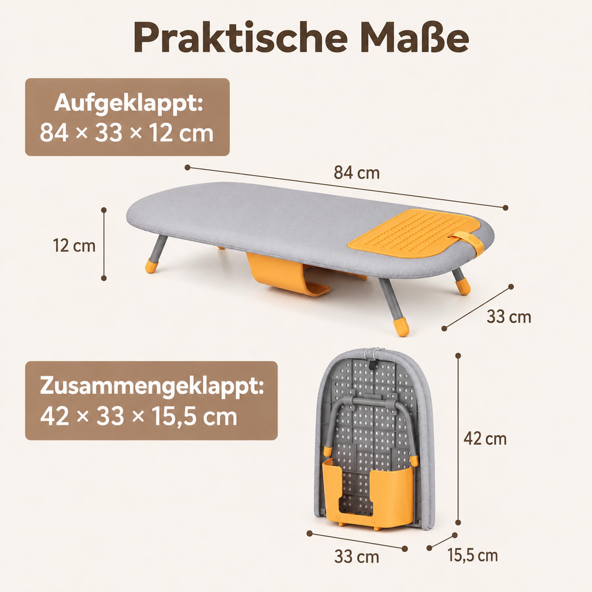 Tischbügelbrett Klappbar Mini Bügelbrett mit Integriertem Bügeleisenfach, Platzsparendes Bügeltisch für Kleine Räume, Kohlenstoffstahl, 84x33x12 cm, Grau