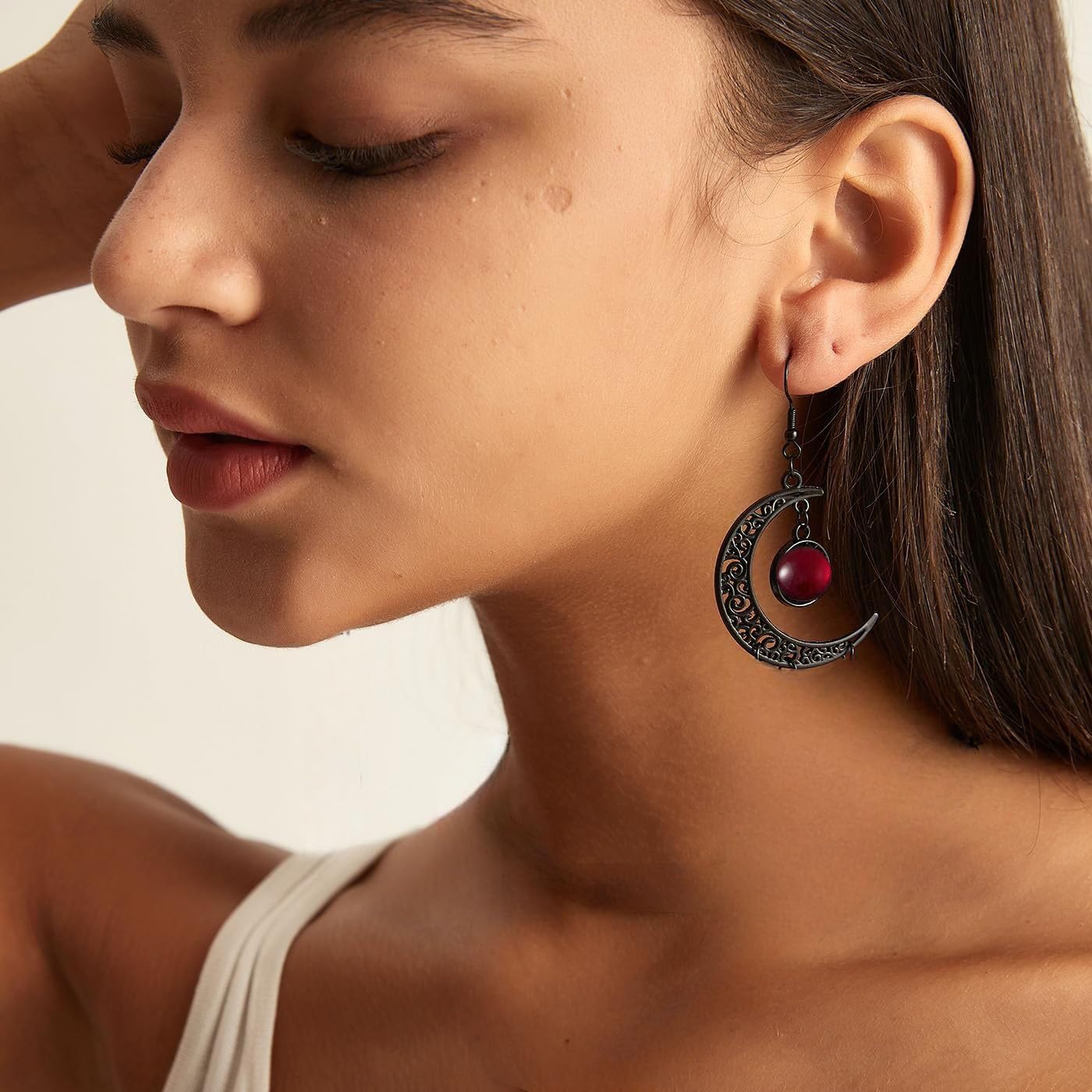 Gothic Black Moon Earrings for Women,Black Red Purple Crystal Moon Drop Dangle Earring Vintage Punk Crescent Earring Whimsy Goth Jewelry Halloween Witch Costume Accessories - Image 2