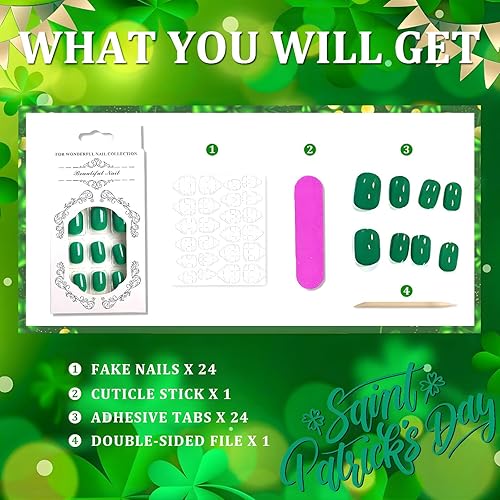 Miniatura 7 de Uñas postizas cortas cuadradas para el día de San Patricio, uñas postizas verdes brillantes, uñas acrílicas de cobertura completa, uñas adhesivas