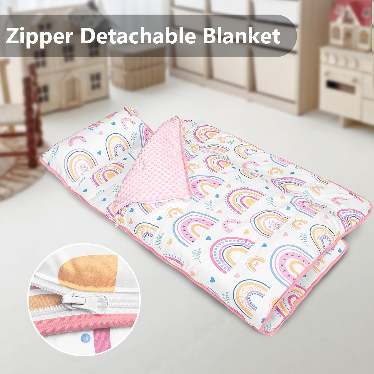 Primlect Toddler Nap Mat Extra Large Thickened 55''x35'', Soft Sleeping Bag with Detachable Minky Blanket and Pillow, Portable for Daycare, Preschool, Kindergarten, Travel, Boys and Girls