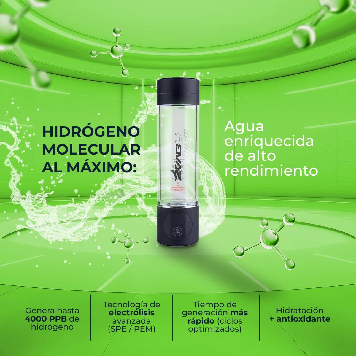 Botella de Agua Hidrogenada – 4000 PPB de Hidrógeno Molecular – Tecnología SPE/PEM de Alta Pureza – Pantalla OLED – 280 ml (Molecular Pro)