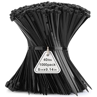 Cable Ties 1000 Pack, 8 inch Zip Ties Black, 200 x 3.6 mm Nylon Long Tie Wraps UV-Resistant Self-Locking Zip Ties with Tensile Strength 40 lbs for Gardening, Office, Workshop and Outdoor - Amazon product rated Grade A