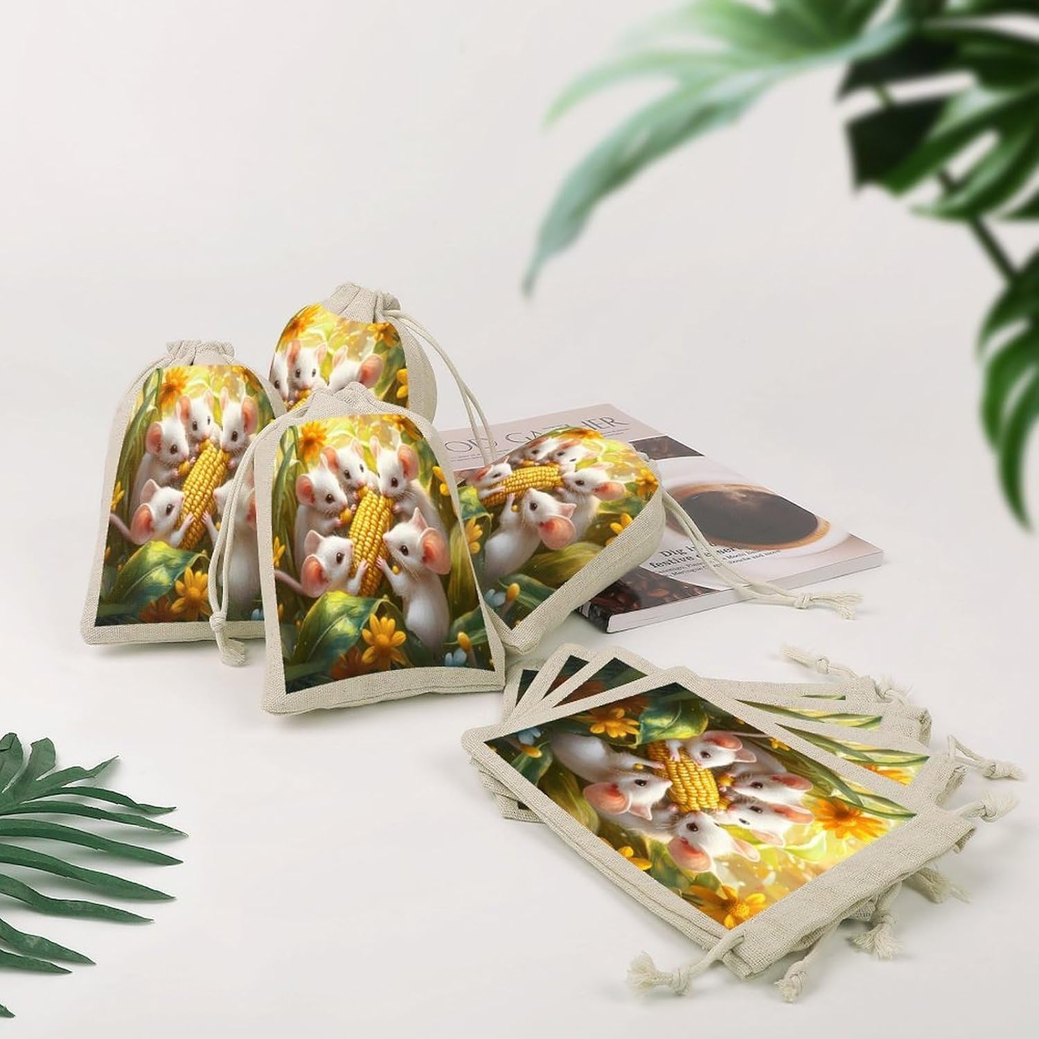 Funny Rat & Corn Party Favor Bags 8 Pack Small Drawstring Bags Cotton Linen Organizer Pouch image 4