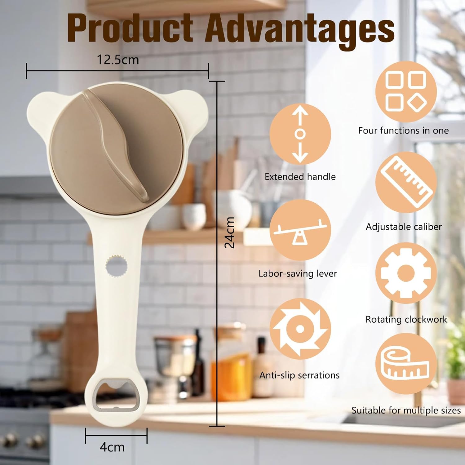 2026 New 4 in 1 Multifunctional Adjustable Jar Bottle Opener, Effortless Lid Opener with Extended Non-Slip Handle for Effortless Jar Lid Remover for Jars, Cans, and Bottles (Beige*2)