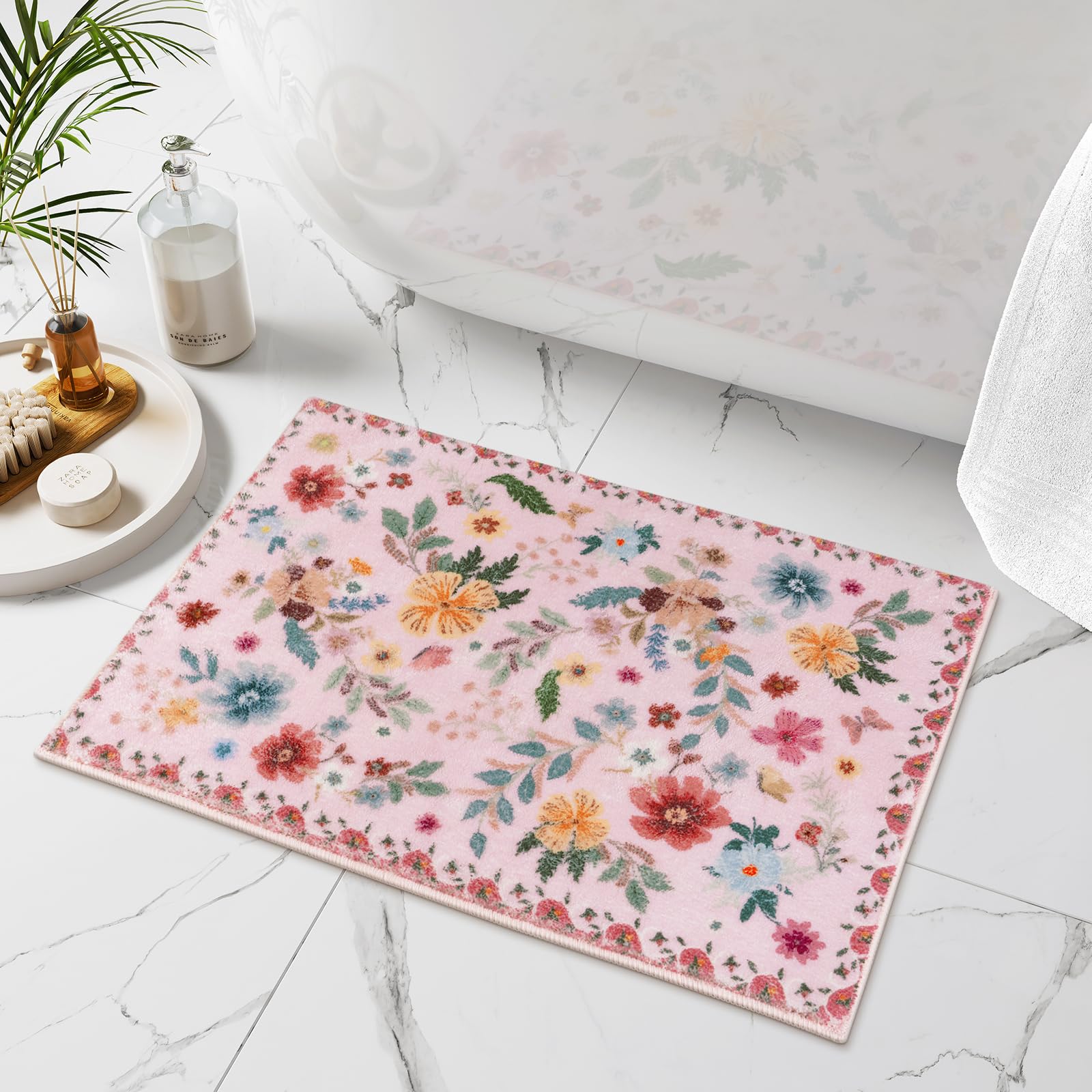 Uphome Bath Mats for Bathroom, Cute Pink Bathroom Rugs, Modern Ultra-Soft Non-Slip Bath Rug, Machine Washable Farmhouse Floral Toilet Rug for Sink