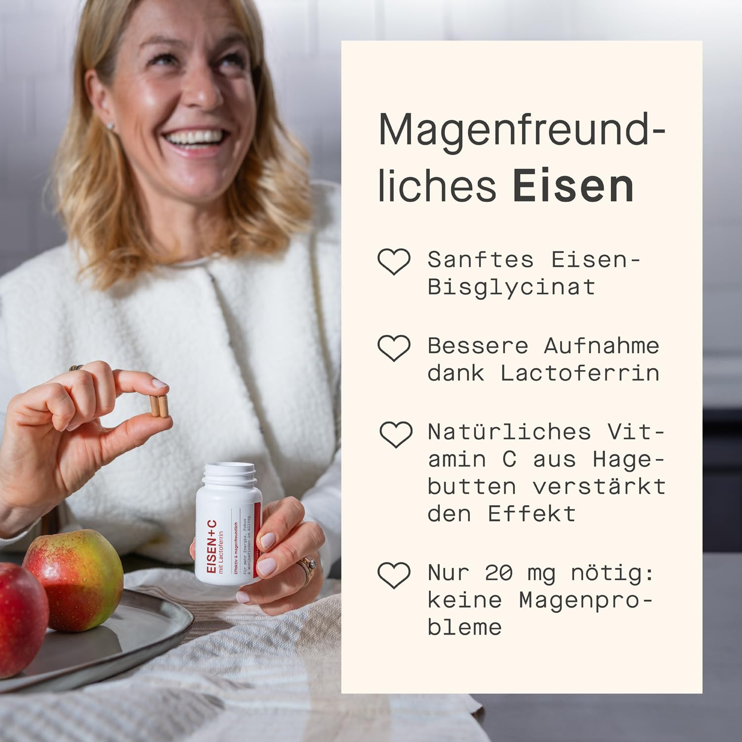 Magenfreundliche Eisentabletten für Frauen mit Lactoferrin & 142 mg Vitamin C – Effektiv & Bioverfügbar – Vegetarisch, ohne Zusätze – Eisen-Bisglycinat & Natürliches Vitamin C – 60 Kapseln