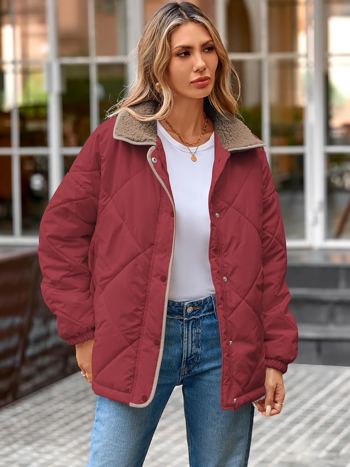 Naggoo Women's Casual Long Sleeve Quilted Jackets Loose Button Down Zipper Winter Puffer Jacket Coat Outwear - Image 2
