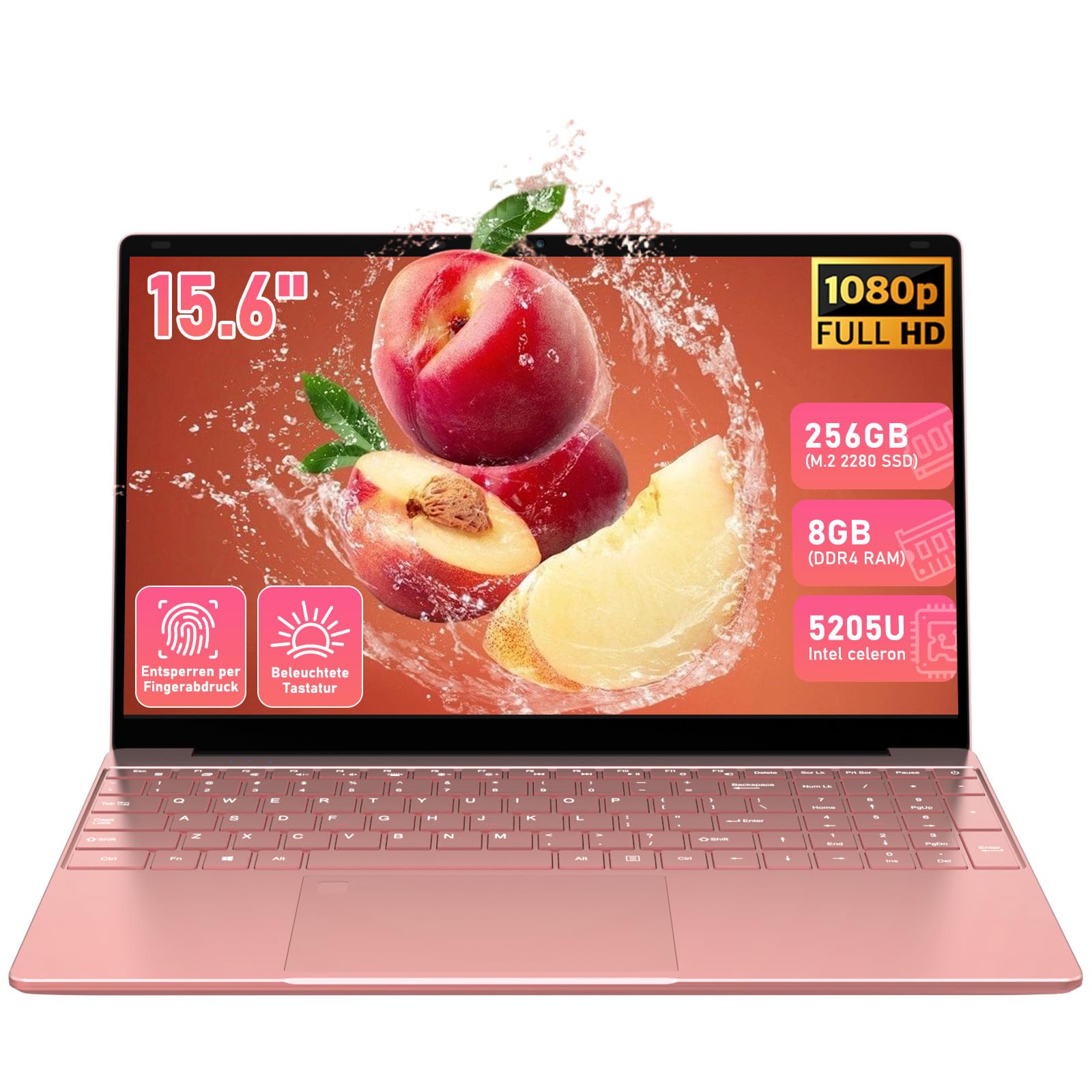 Trygood 15,6 Zoll Laptop mit Fingerabdruck & Beleuchteter Tastatur | 8GB RAM 256GB SSD in Roségold | für Studenten & Home Office | inkl. QWERTZ Tastaturfolie, Intel Celeron, 6000mAh