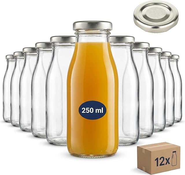 gouveo 12er Set Glasflaschen 250 ml (0,25 l) rund mit Twist-Off Schraubdeckel silberfarben – leere zum Befüllen für Saft, Smoothies, Sirup, Öl und Essig (SF250S)