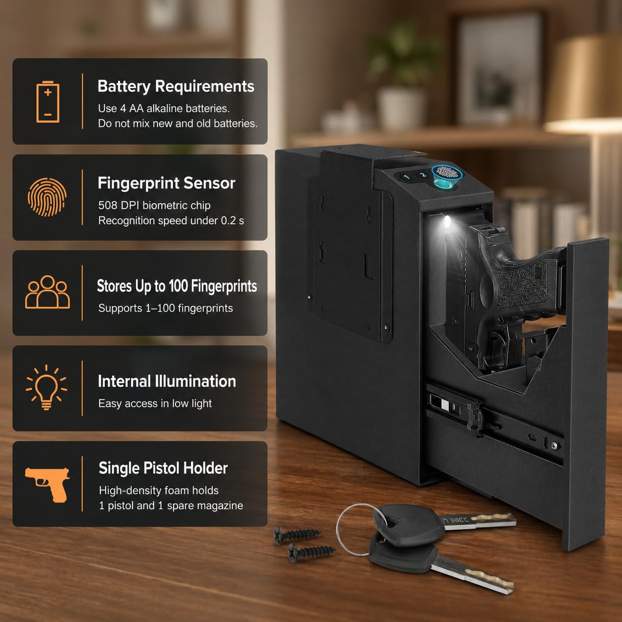 Coffre-fort pour pistolets, coffre-fort biométrique pour pistolets avec accès rapide, porte coulissante automatique, coffre-fort pour pistolet avec empreinte digitale, code PIN, accès par clé pour la