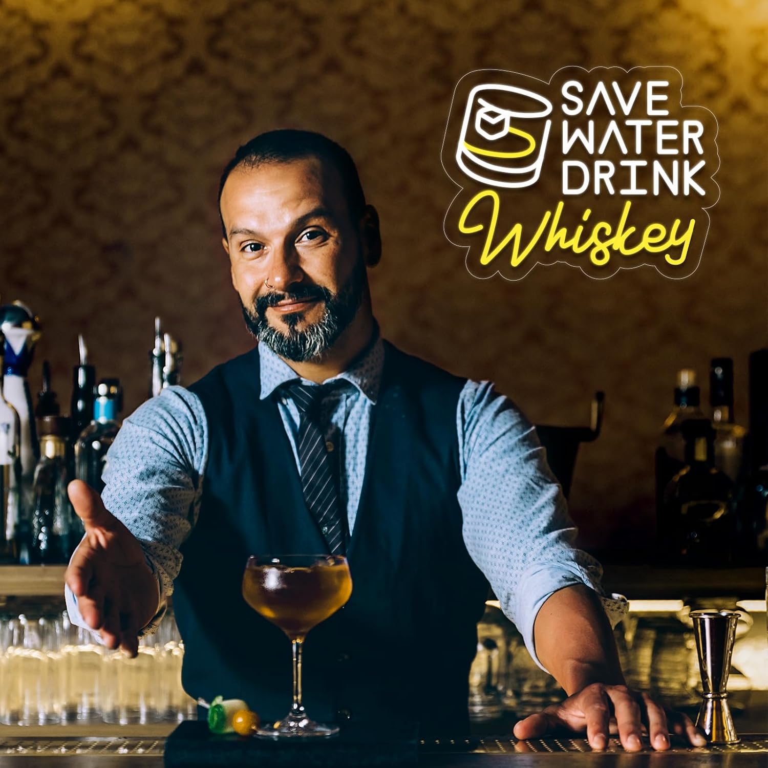Save Water Drink Whiskey Neon Sign LED Sign Bar Sign for Man Cave Home Bar, 15x11 inch USB-Powered Dimmable Whiskey Neon Lights for Home, Man Cave/Bars/Men Room Decor