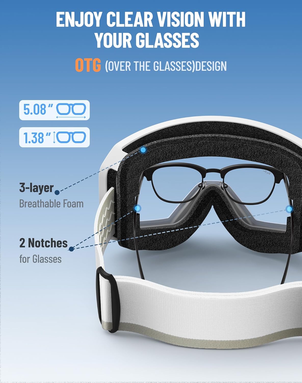 Innerking Ski/Snowboard Goggles OTG for Men Women & Youth - Over Glasses Snow Sports Goggles Anti Fog 100% UV400 Protection - Image 6