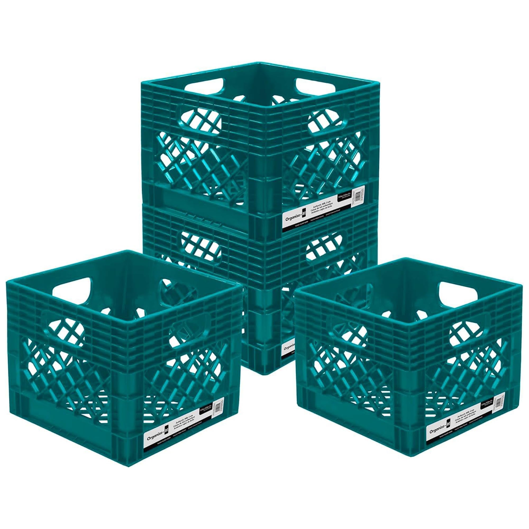 ORGANIZE-IT! Storage Milk Crate, Easy-Grip Handles, 12.25-In, Teal, 4-Pack
