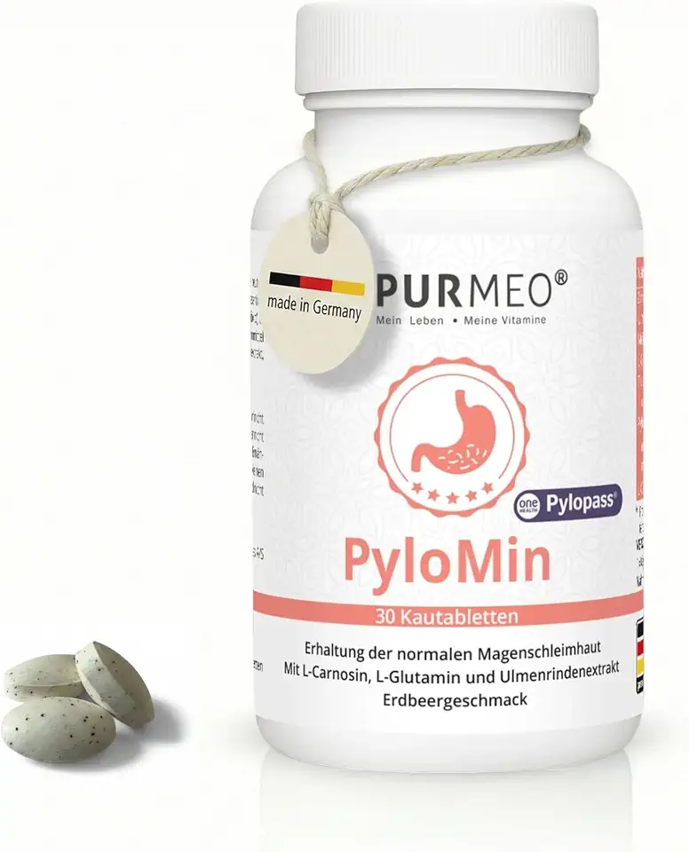 Magengeschwür 3 PURMEO® PyloMin – mit Pylopass®, Zink, L-Glutamin, Ulmenrinden- und Kamillenextrakt – 30 Kautabletten – zur Unterstützung der Magenschleimhaut – Erdbeergeschmack, Made in Germany
