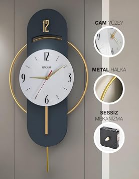 Sessiz, Cam Yüzeyli, Metal halkalı, Dekoratif Duvar Saati (Antrasit Gold)