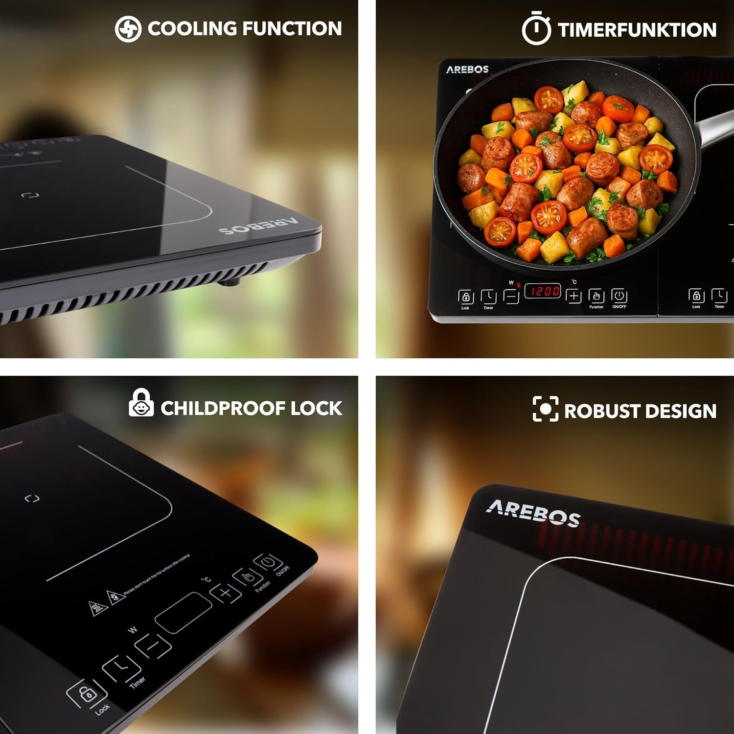 Close-up of the Arebos Double Induction Cooktop showing the cooling function vents and robust design.