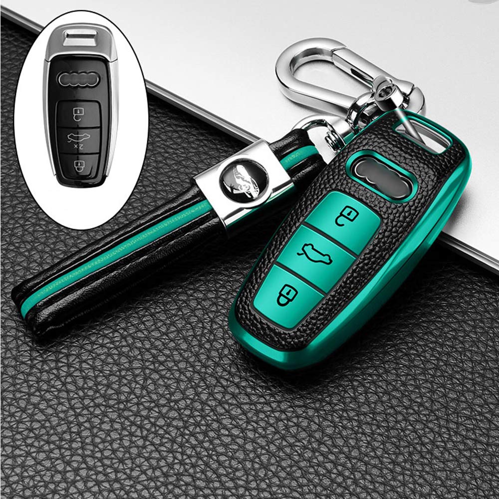 Ontto Coque De Clé De Voiture Pour Audi 2019 2020 A6 A7 A8 E-Tron S6 RS6 S7 RS7 Q7 SQ7 Q8 SQ8 A8L A6L En Cuir TPU 3 Boutons Vert