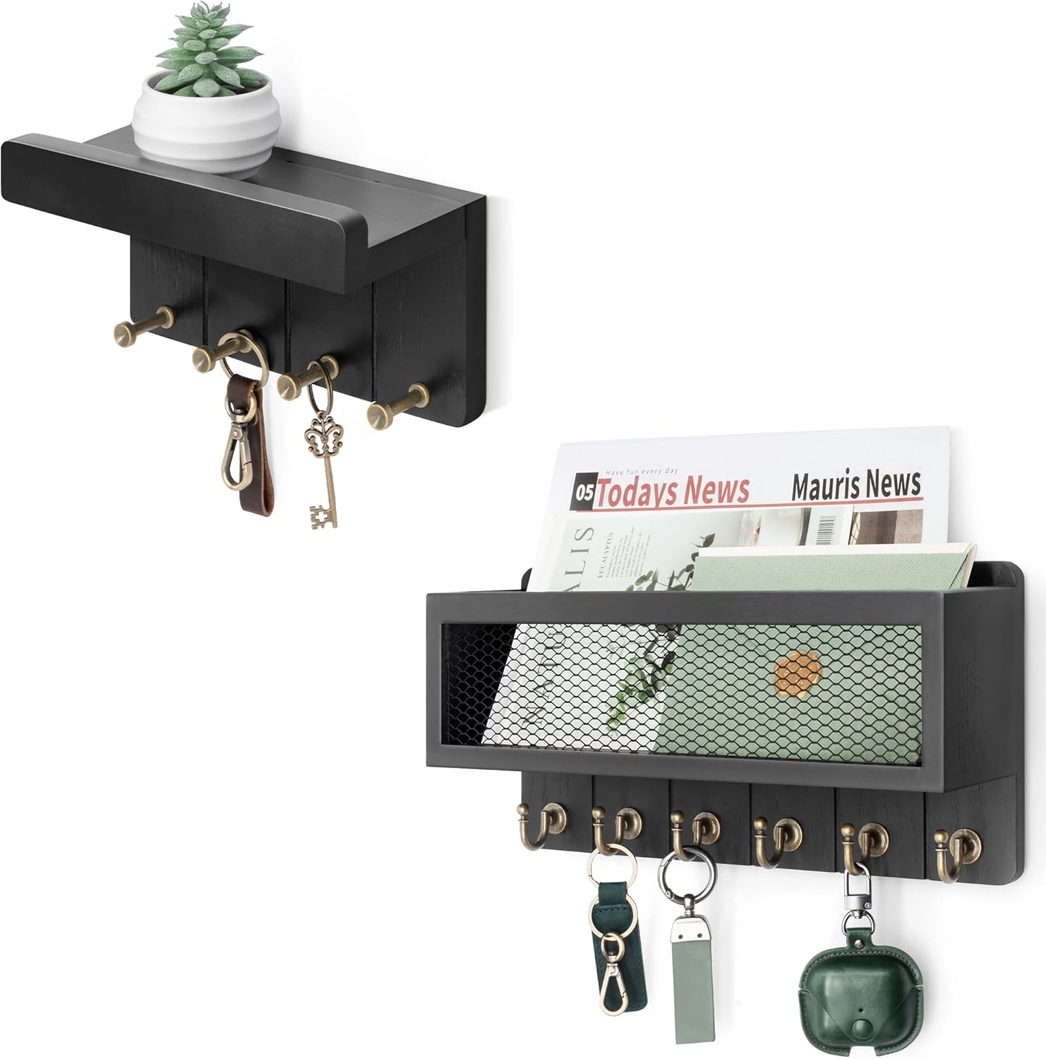 Rebee Vision Modern Key Holder Wall Mount Bundle - Decorative Mail Organizer with Sturdy Key Hooks and Storage Basket for Stylish and Functional Home Decor (Black)