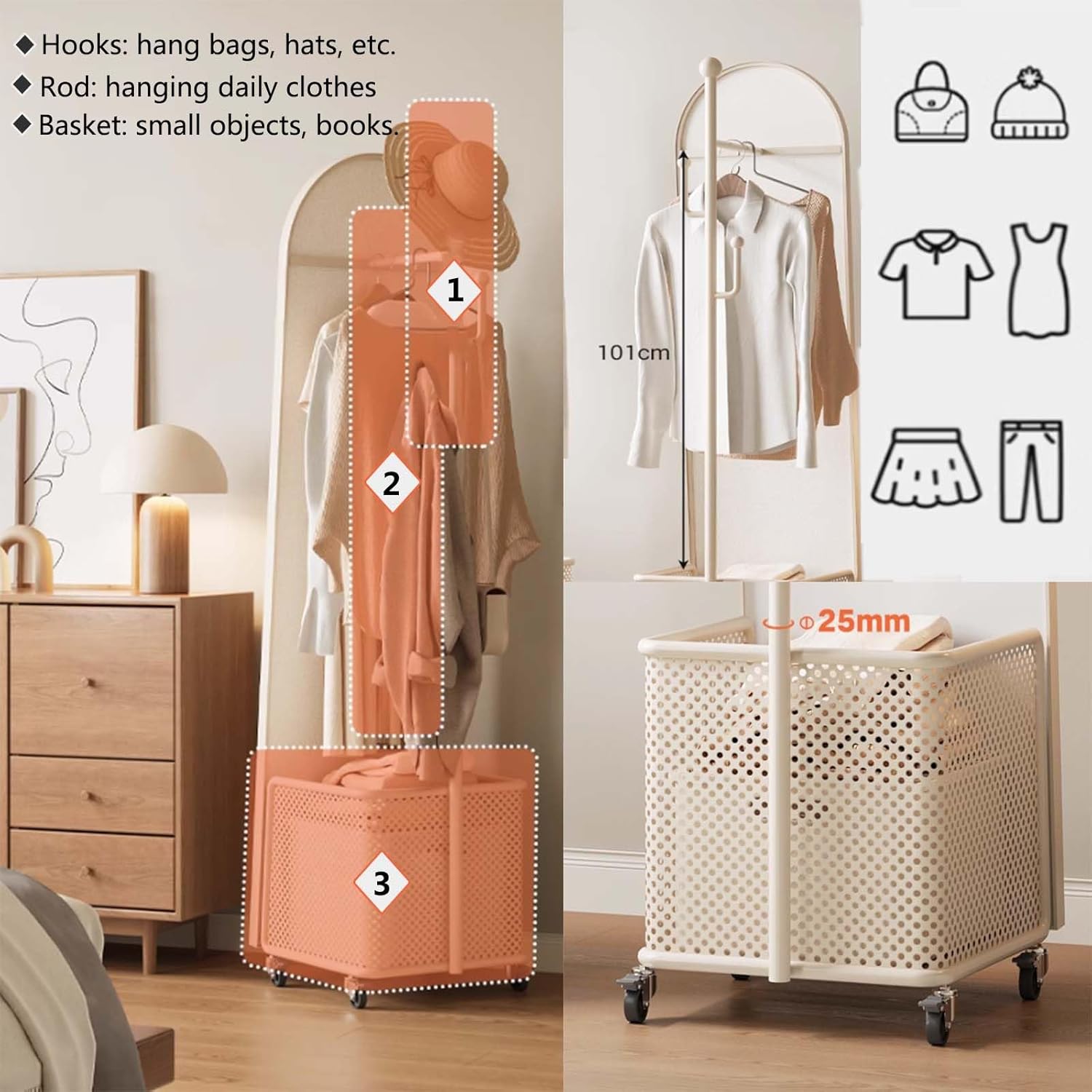 รายละเอียด view of the coat rack and storage basket with dimensions