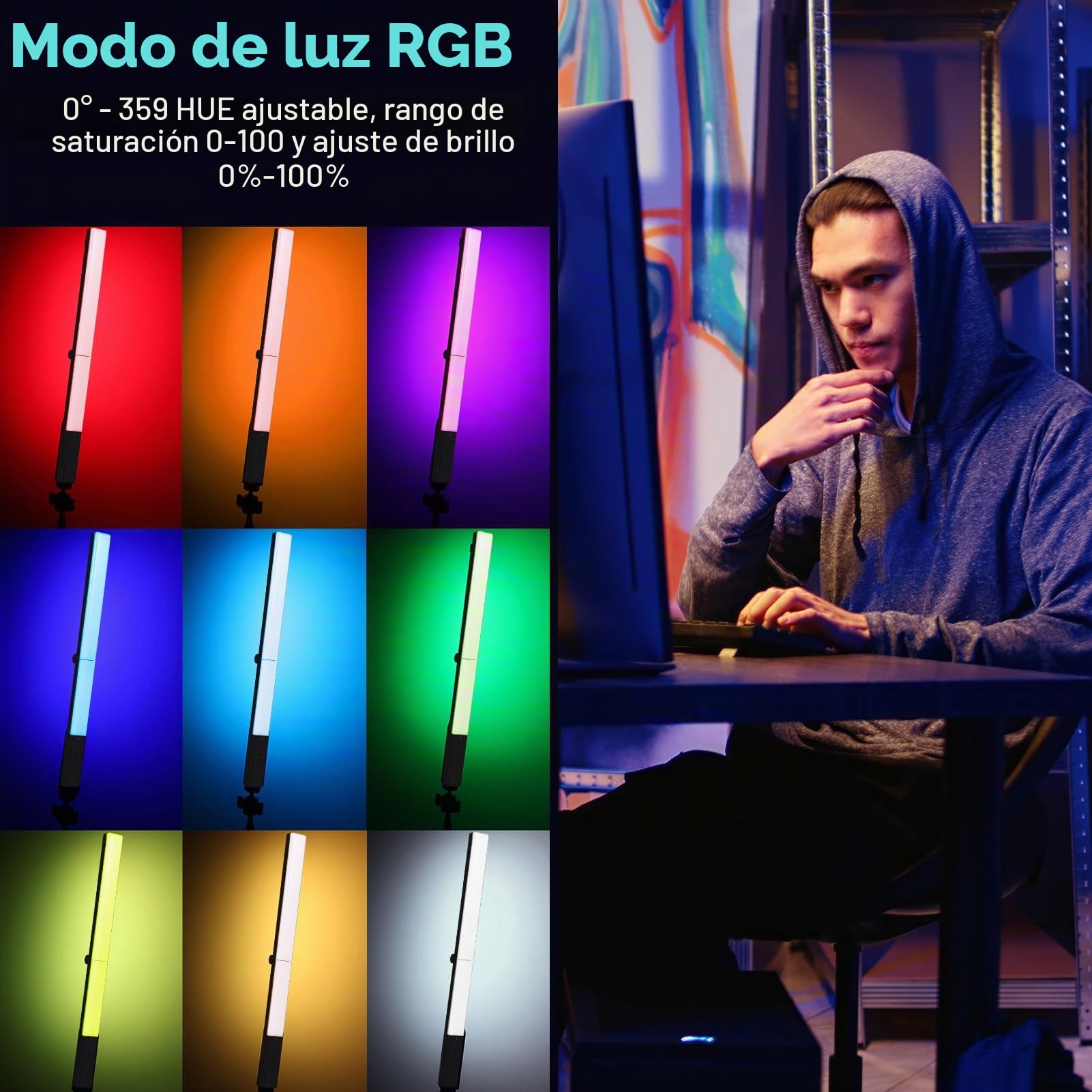 Andoer RGB Luz de Vídeo LED, Barra Plegable 3200K-5500K Regulable Stick Light Tubo de Luz 9 Efectos Alimentado Tipo C con Control Remoto