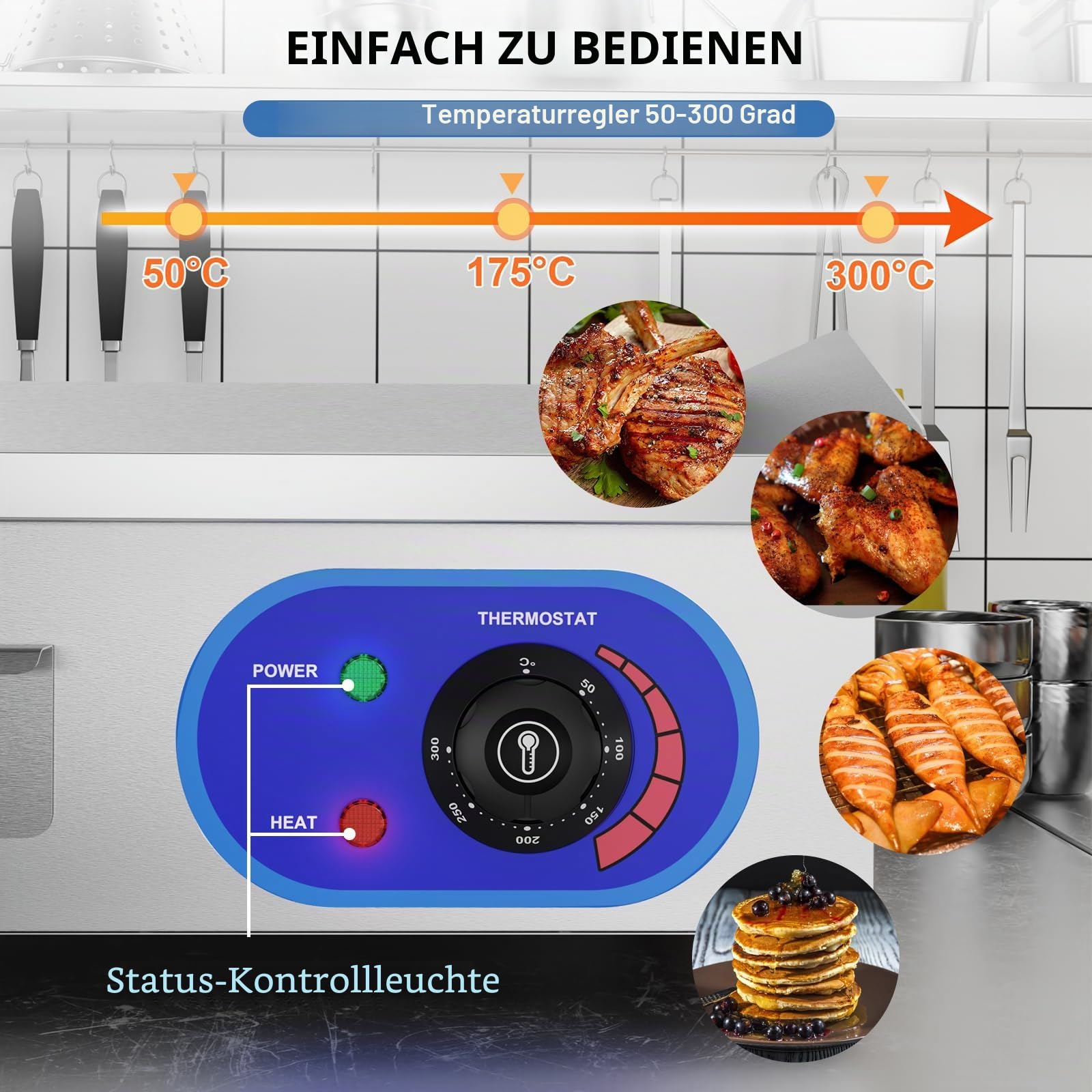 TAIMIKO Elektrische Plancha 220-240 V Edelstahl Grillplatte Thermostat 50-300 °C