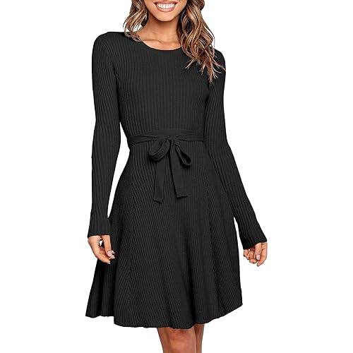 ANRABESS Women's Long Sleeve Midi Dress Crewneck Tie Waist A-Line Swing Casual Bodycon Ribbed Knit 2024 Fall Sweater Dress