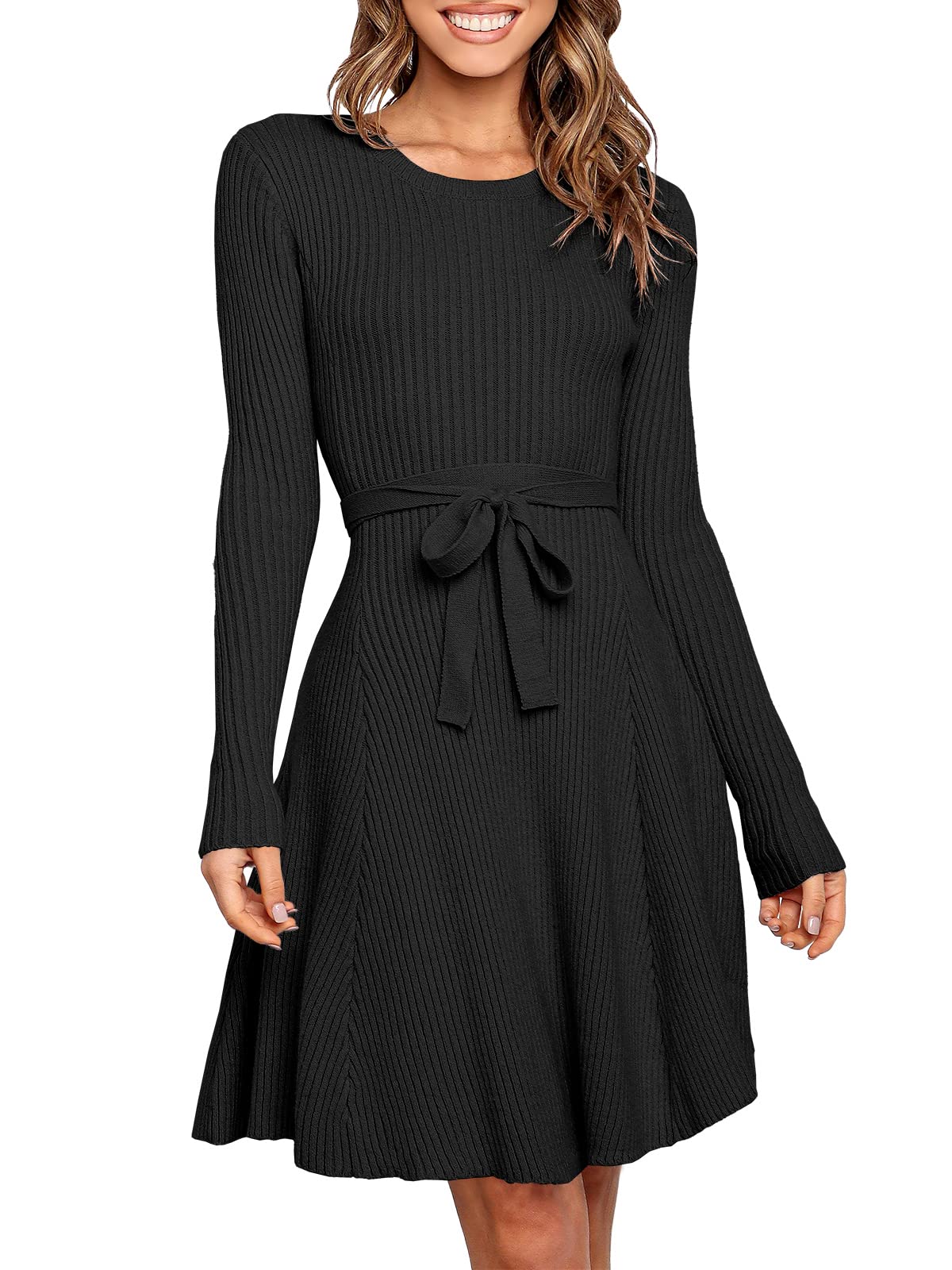 ANRABESS Women's Crewneck Long Sleeve Tie Waist A-Line Swing Bodycon Short Dress Casual Solid Ribbed Knit Sweater Dress
