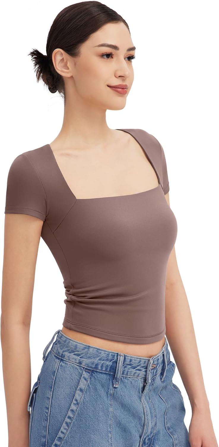 PUMIEY Women's Short Sleeve T Shirts Square Neck Going Out Tops Slim Fit Basic Tee Smoke Cloud Pro Collection - Image 5