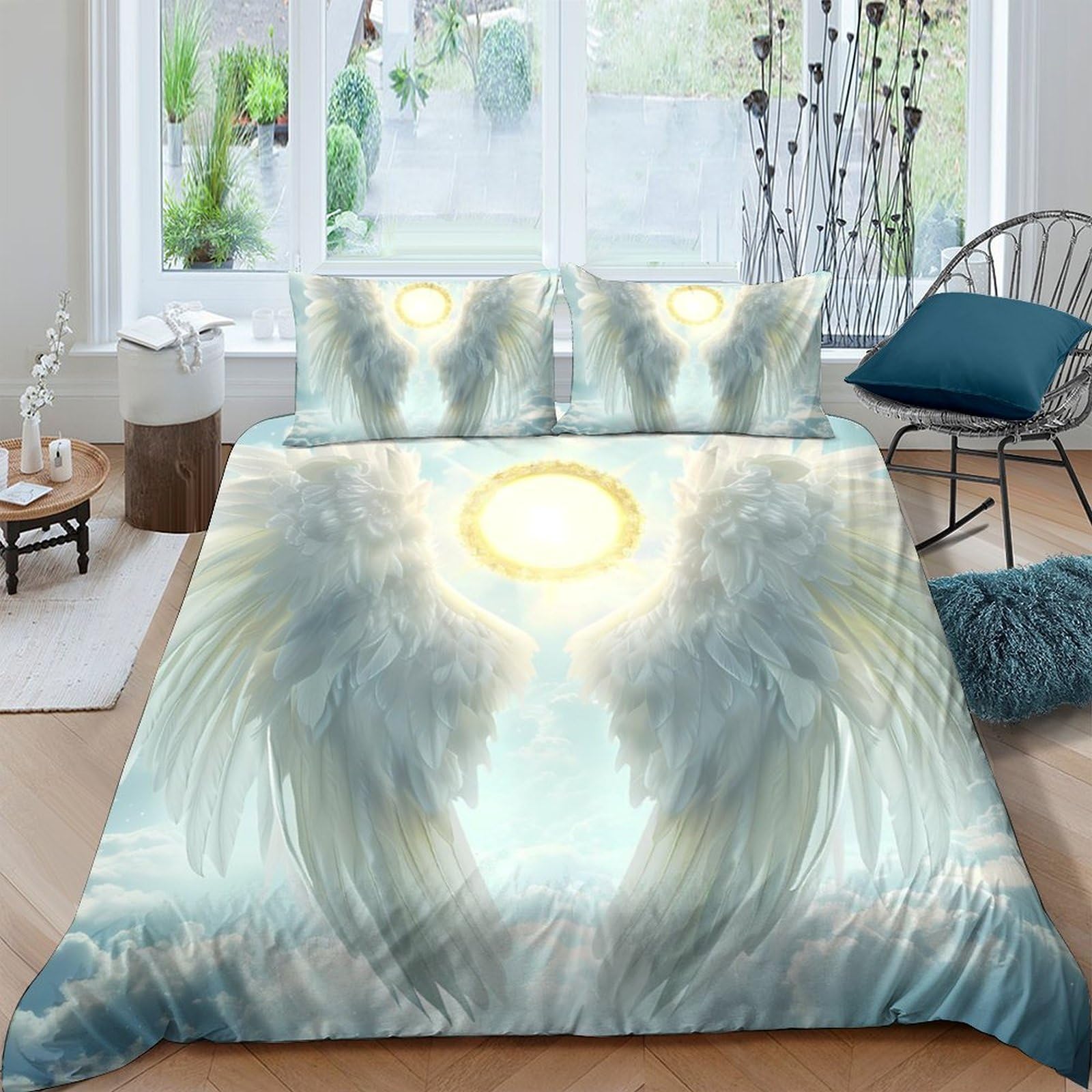 Ctjqhvkz Style-10 3D Printed Angel Wings Fitted Sheet Microfiber Soft Blue Sunlight Bed Cover Bedroom Dorm Decor Mattress Protector Single（135X200cm）